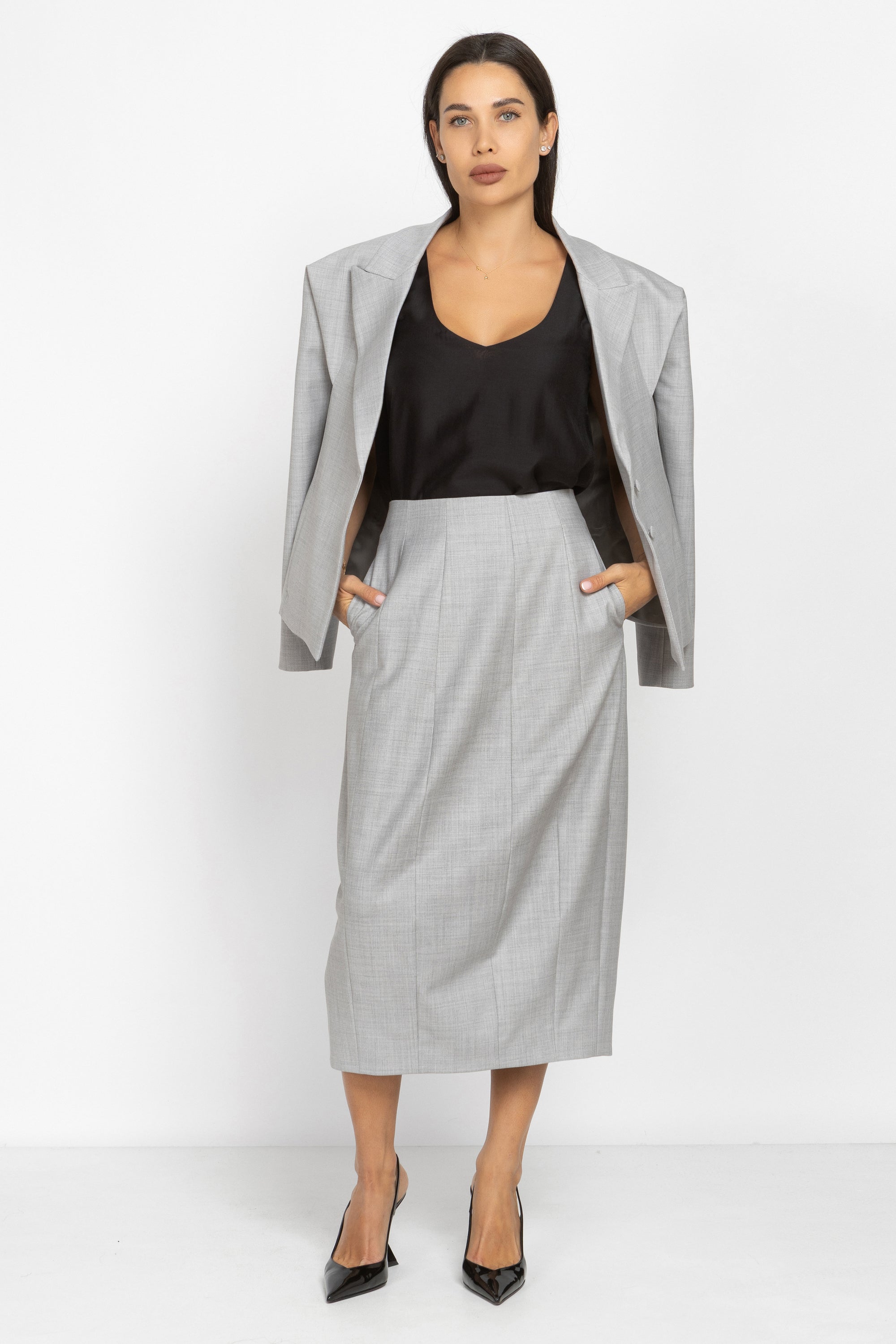 Wool Midi Pencil Skirt with Pleats