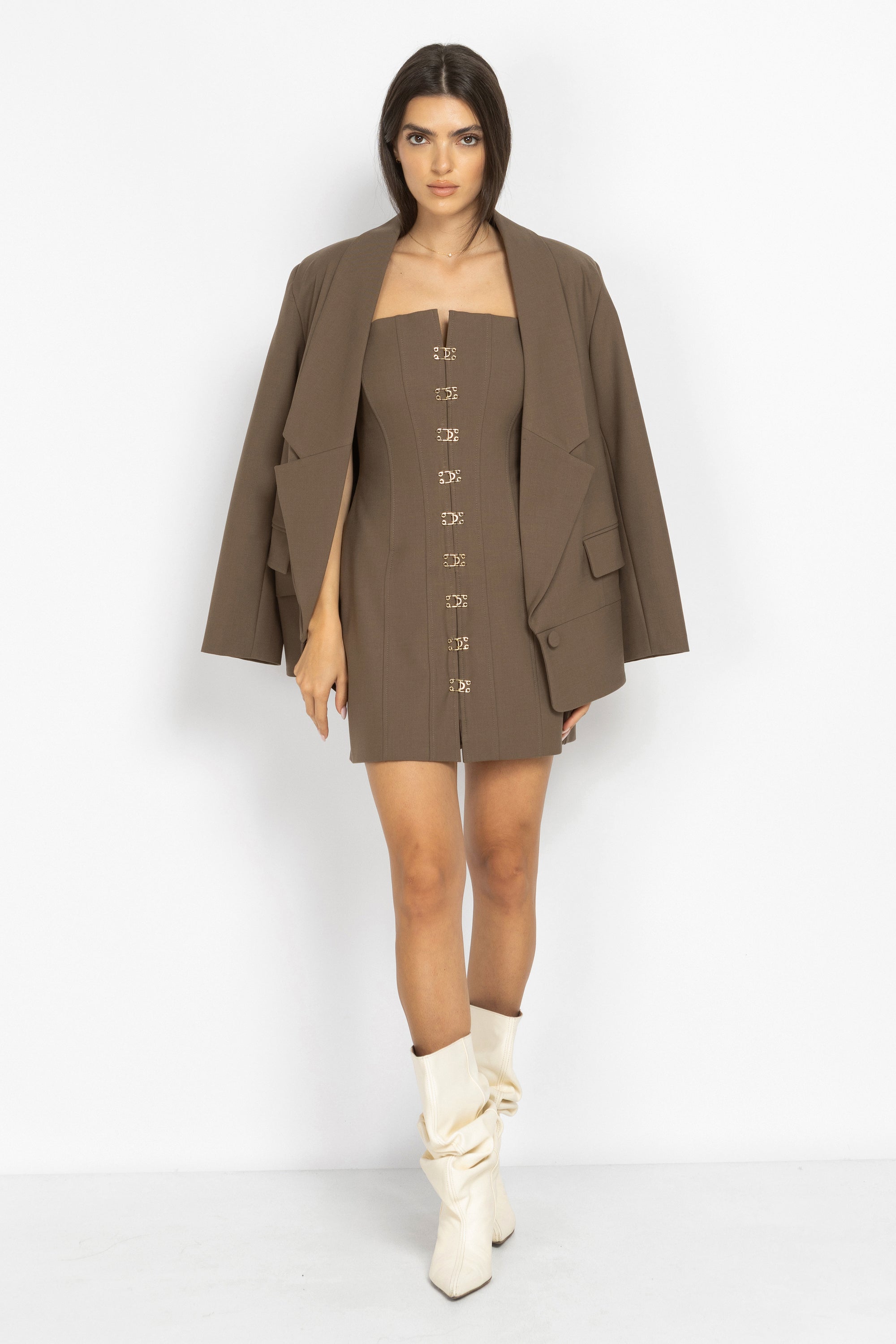 Wool Mini Dress with Gold Clasps