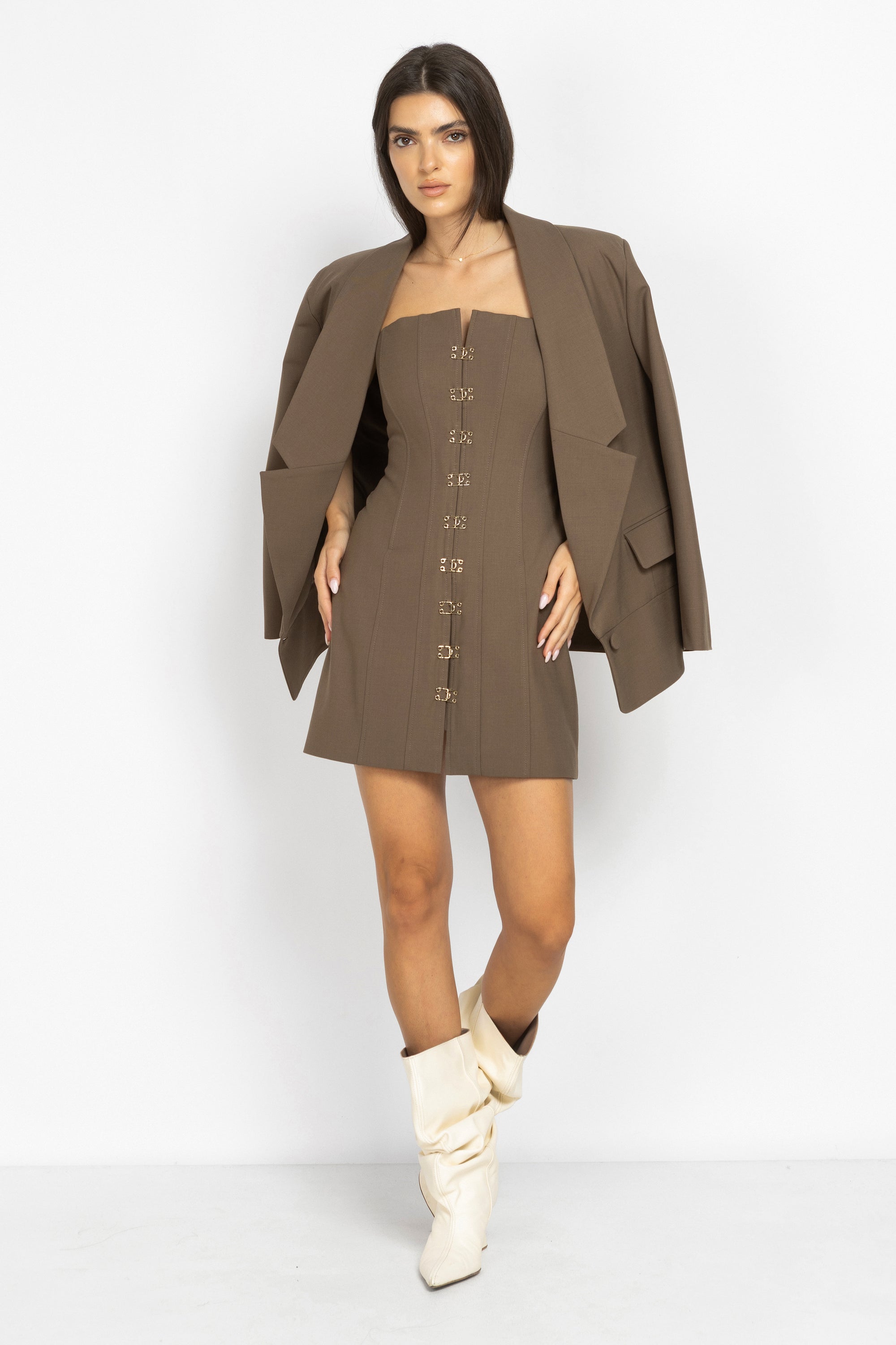 Wool Mini Dress with Gold Clasps