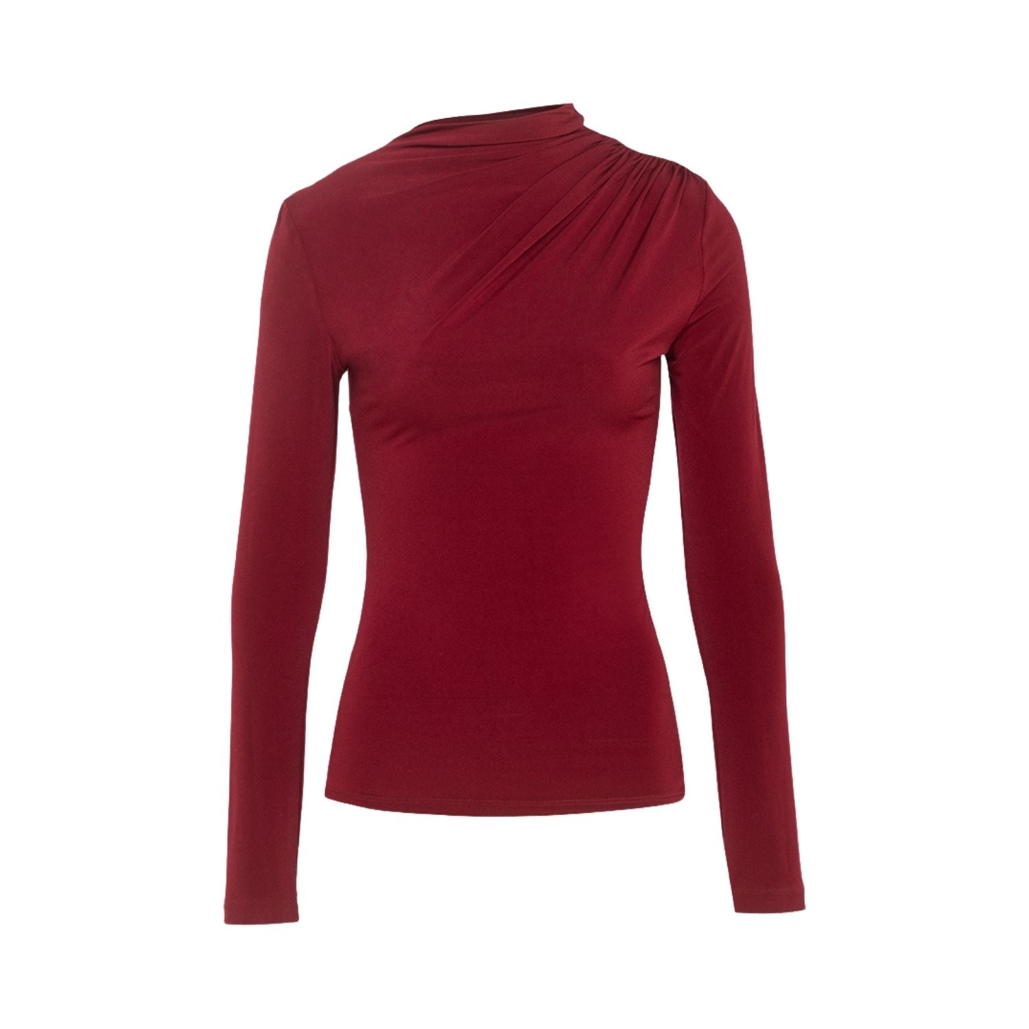 Burgundy Asymmetric Ruched Long Sleeved Top