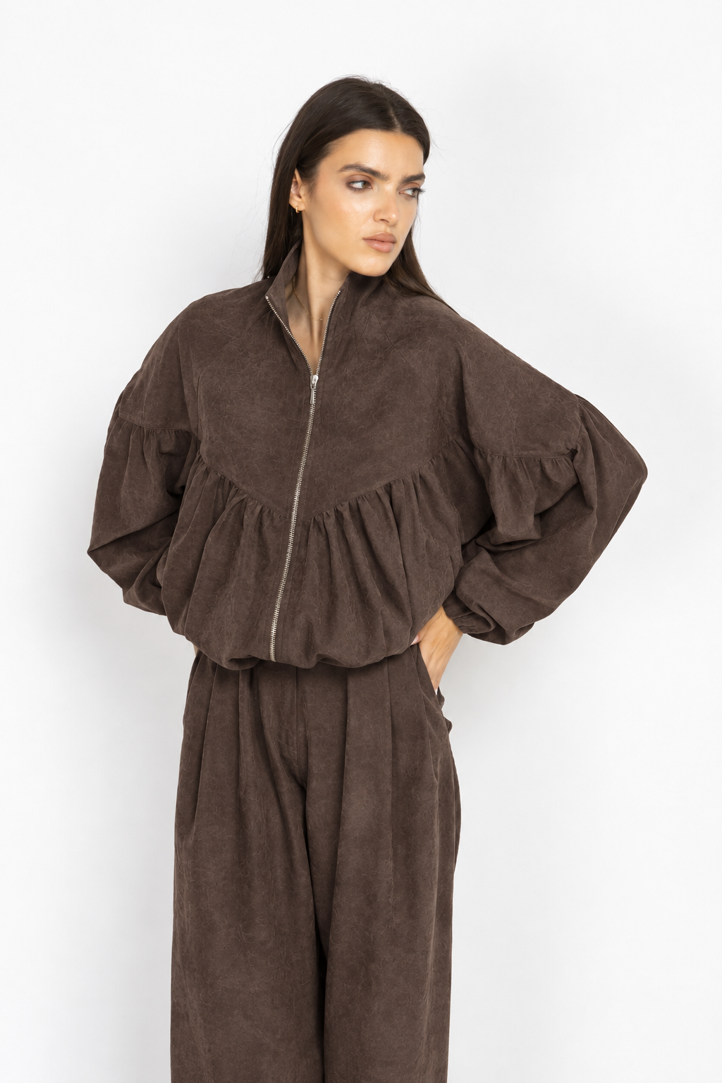Bomber Jacket with Voluminous Sleeves and Gathered Details in Brown