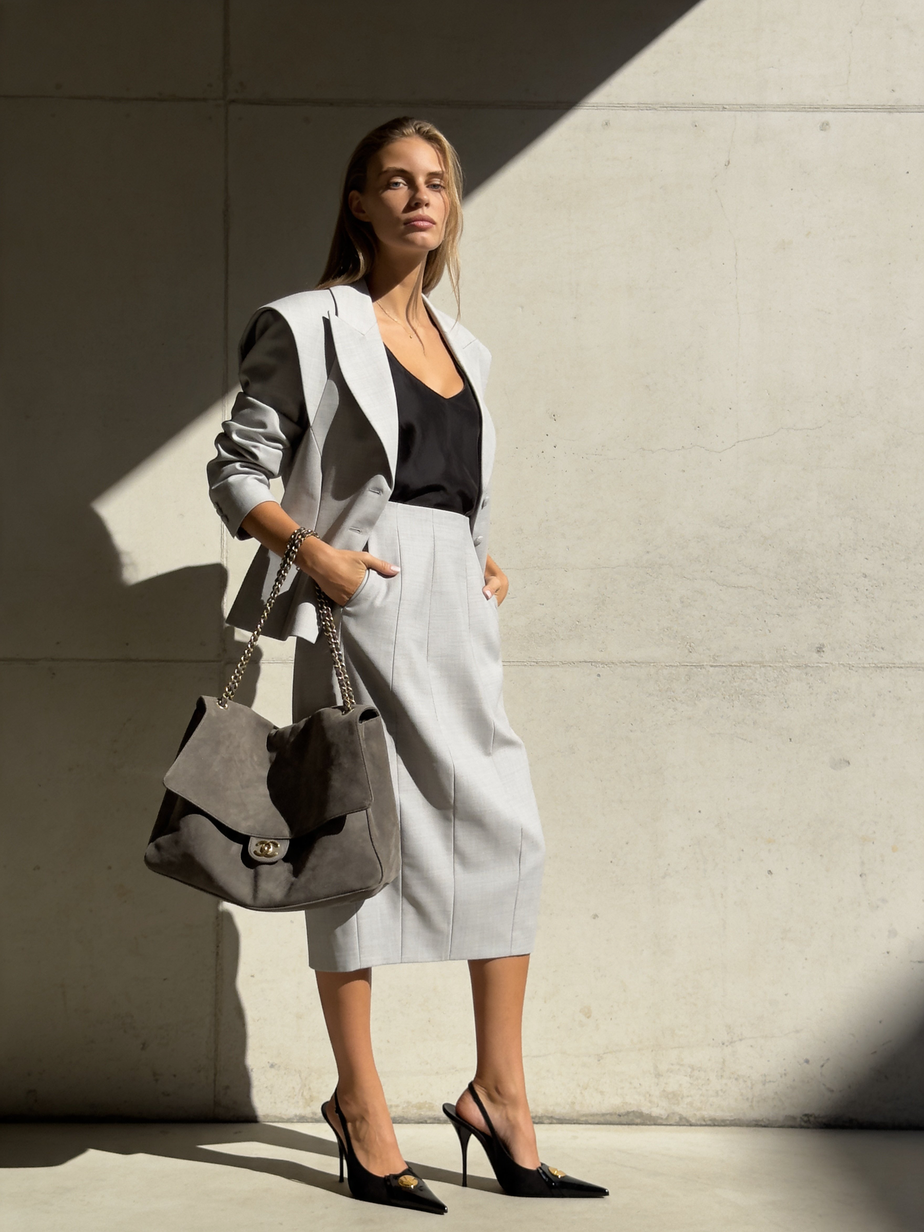 Wool Midi Pencil Skirt with Pleats