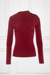 Burgundy Asymmetric Ruched Long Sleeved Top