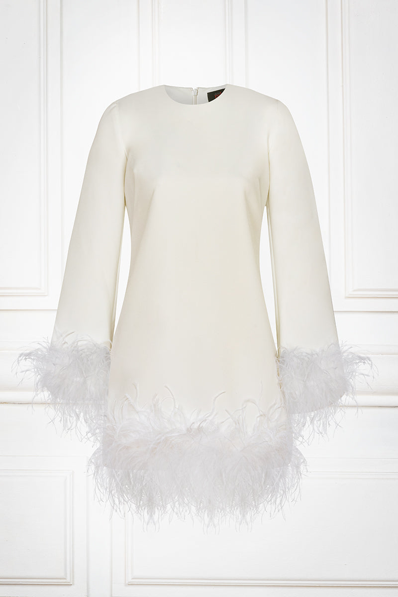 White Feather Trim Long Sleeve Mini Dress