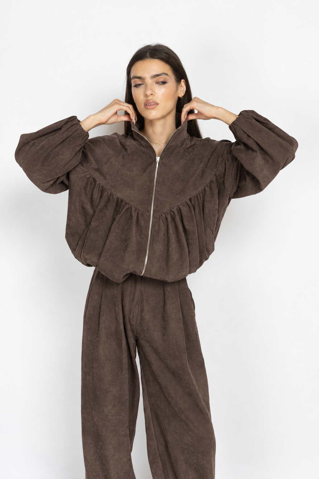 Bomber Jacket with Voluminous Sleeves and Gathered Details in Brown