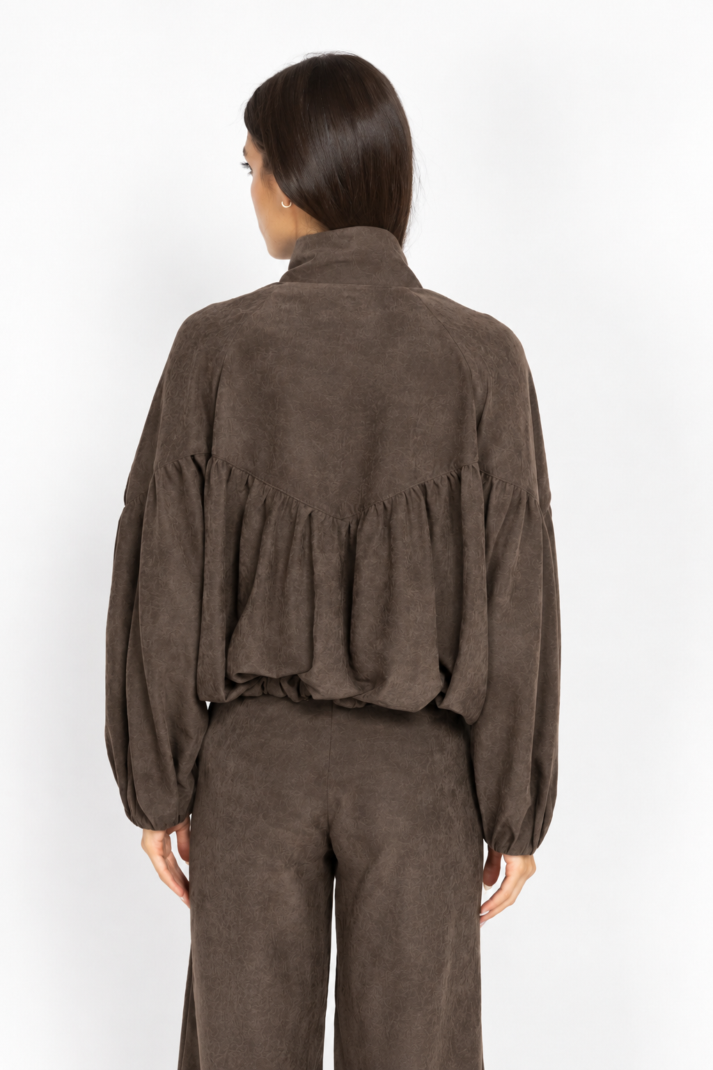 Bomber Jacket with Voluminous Sleeves and Gathered Details in Brown