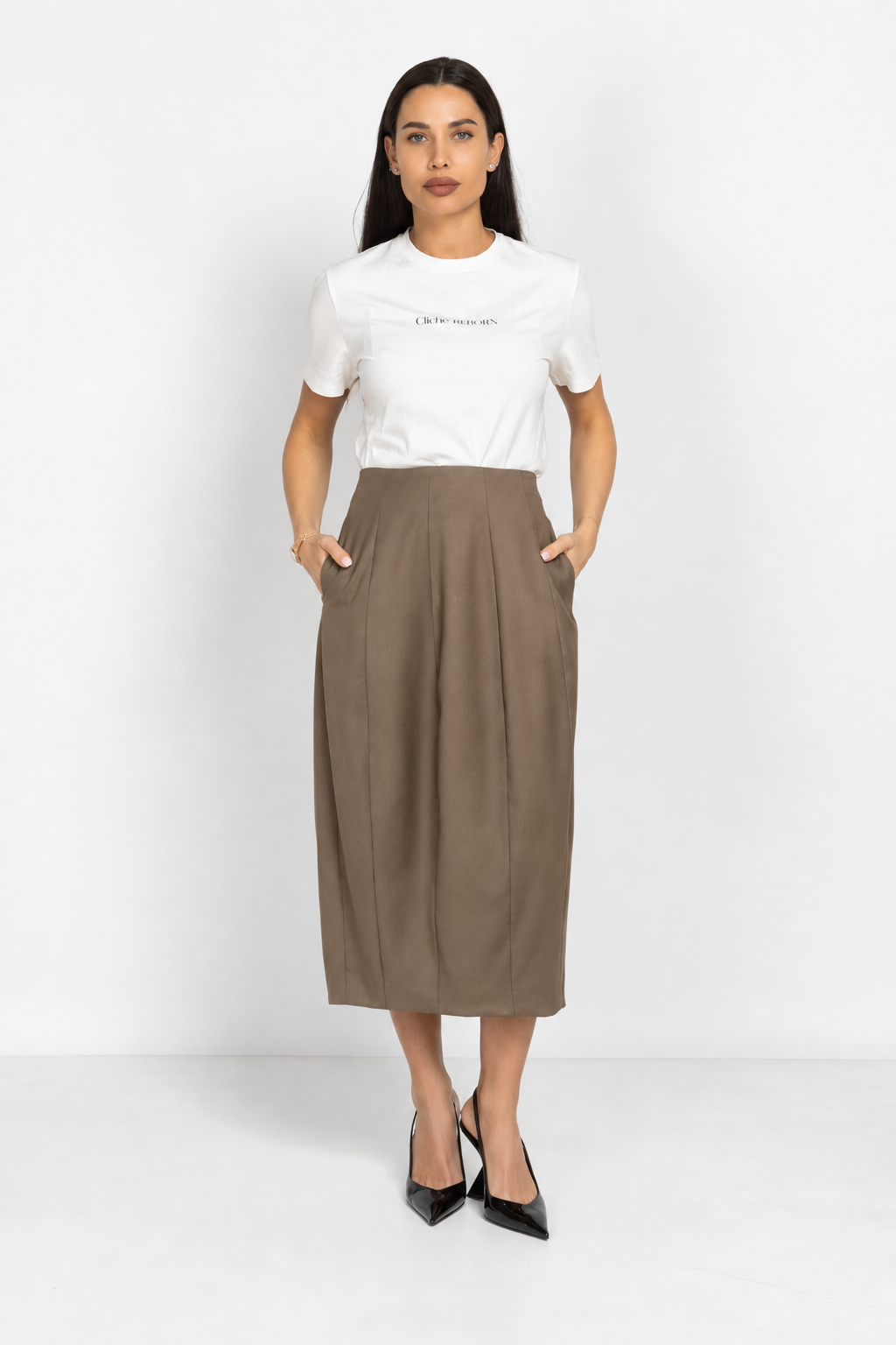 Wool Midi Pencil Skirt with Pleats