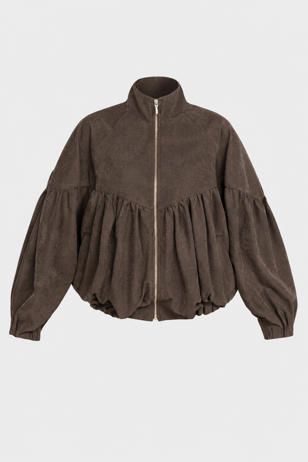 Bomber Jacket with Voluminous Sleeves and Gathered Details in Brown