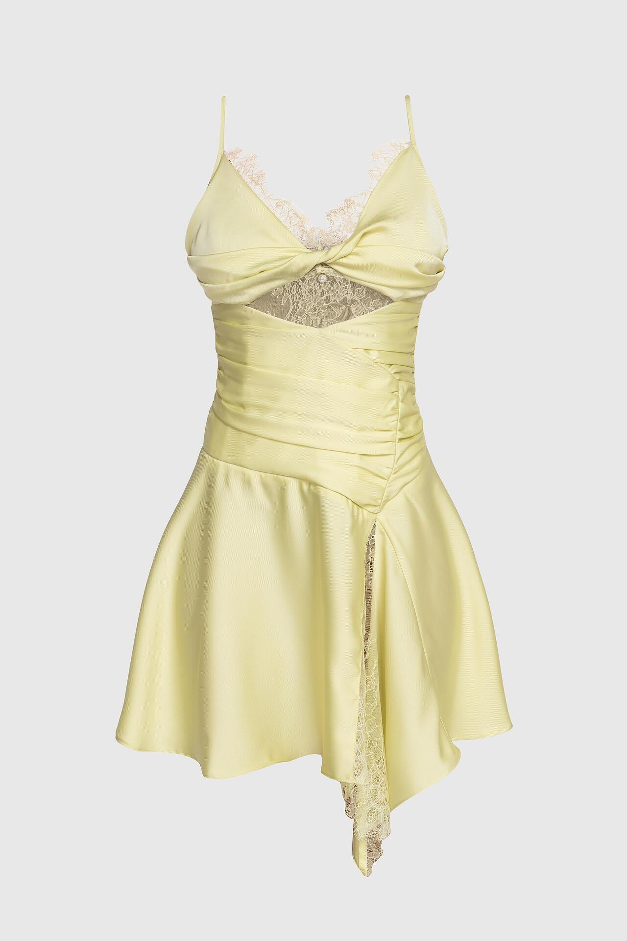 Asymmetric Light-Yellow Lace Satin Mini Dress