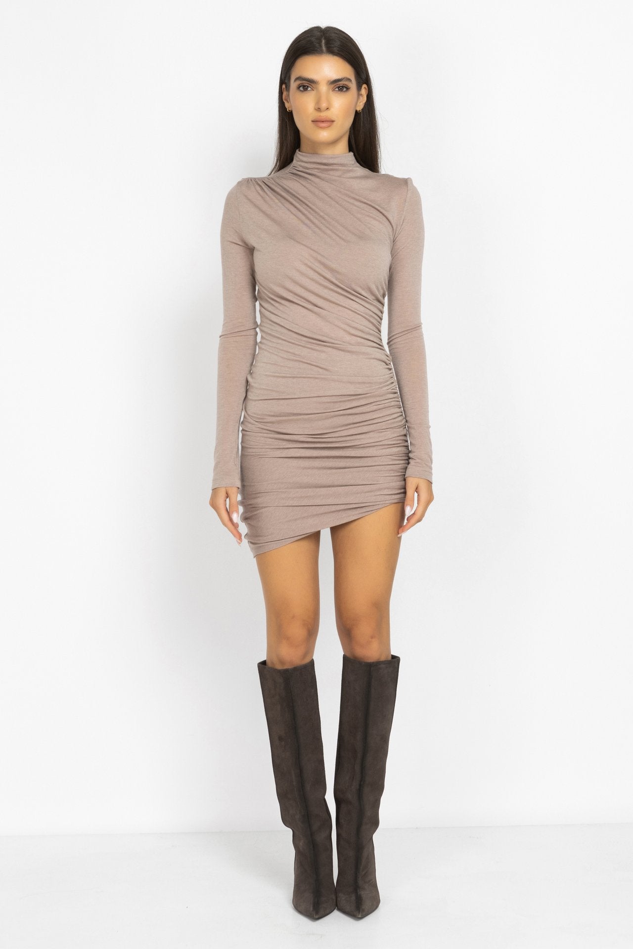 Mocha Ruched Asymmetric Knit Mini Dress