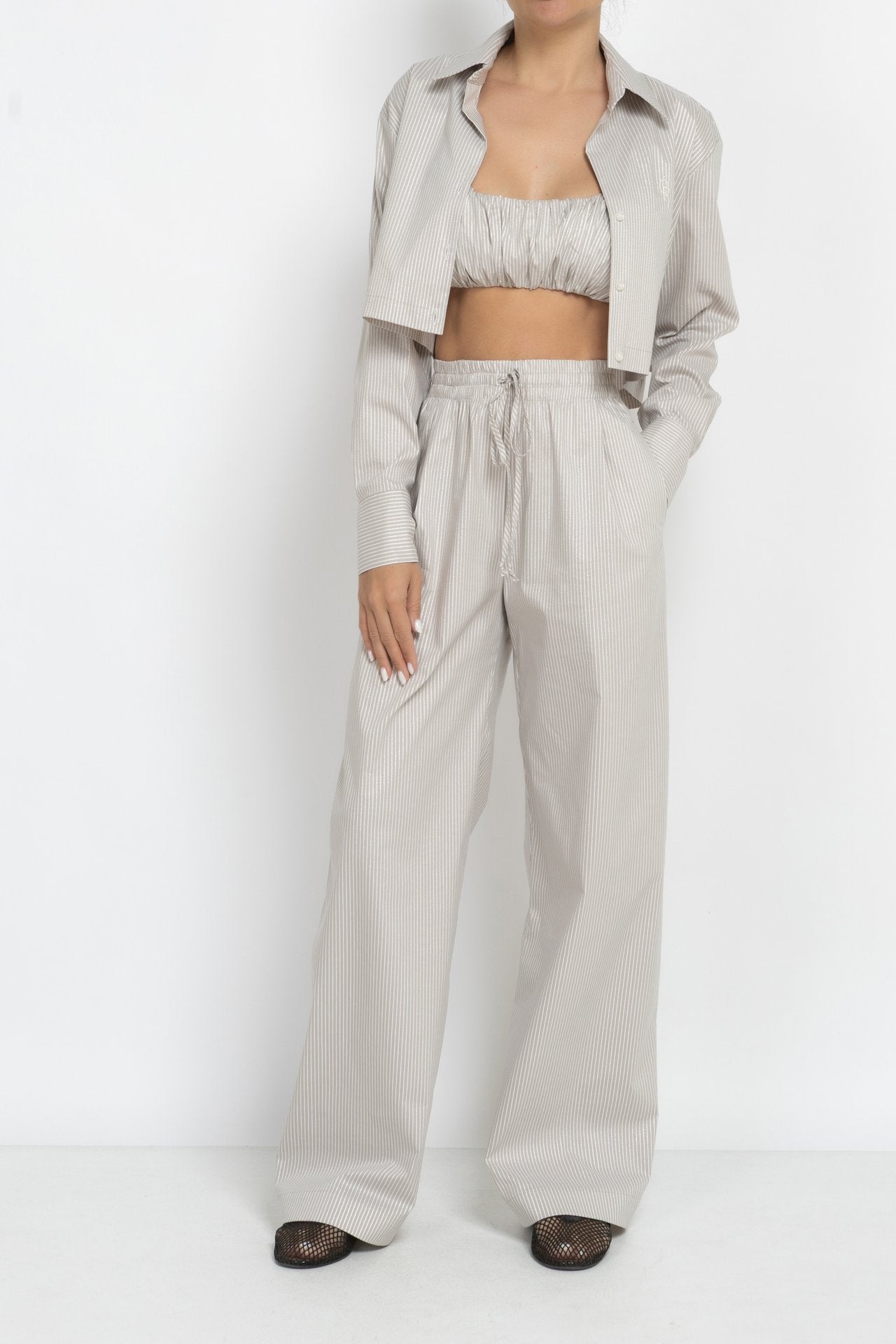 Striped Trousers with Silver Threads in Beige