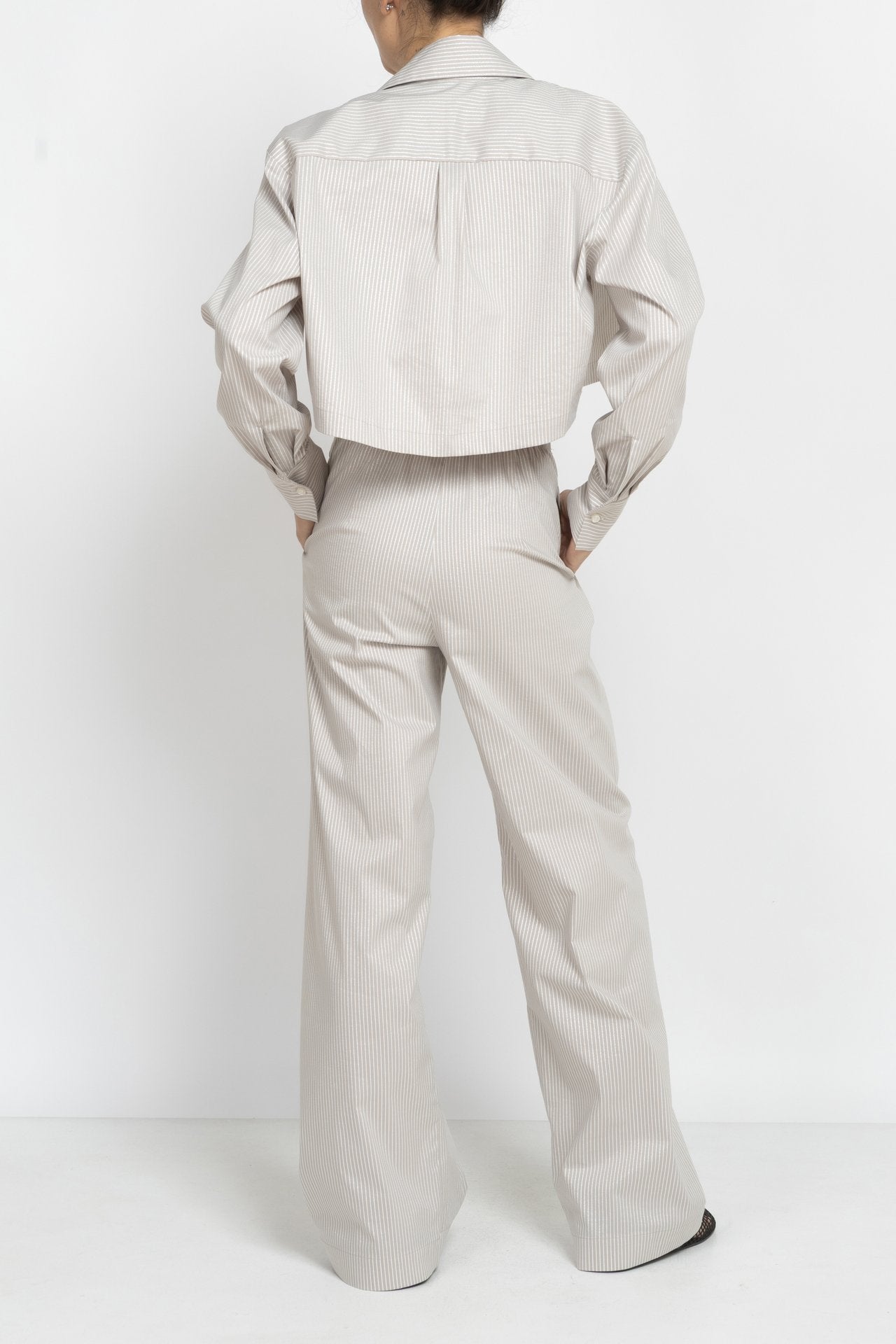 Striped Trousers with Silver Threads in Beige