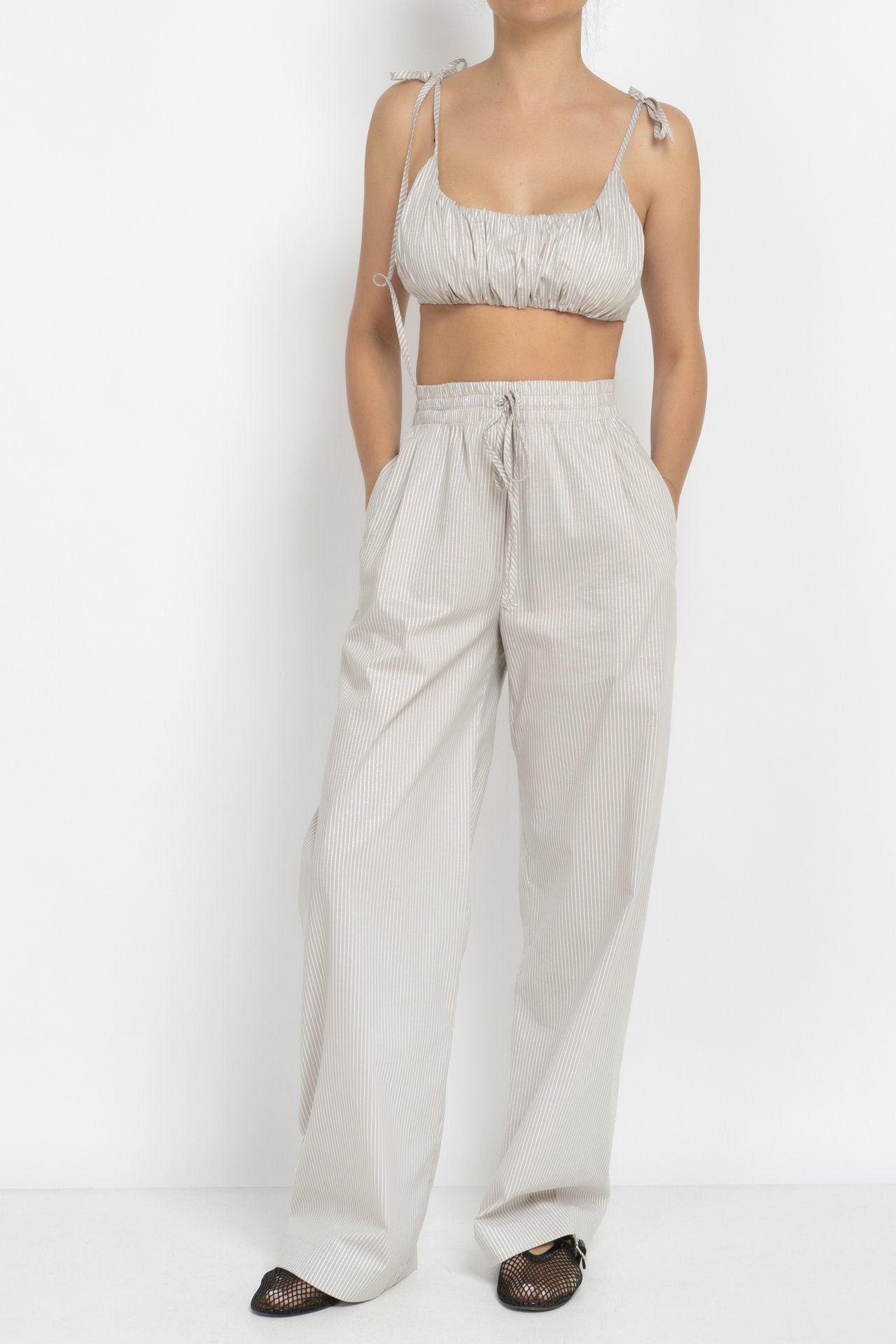 Striped Trousers with Silver Threads in Beige