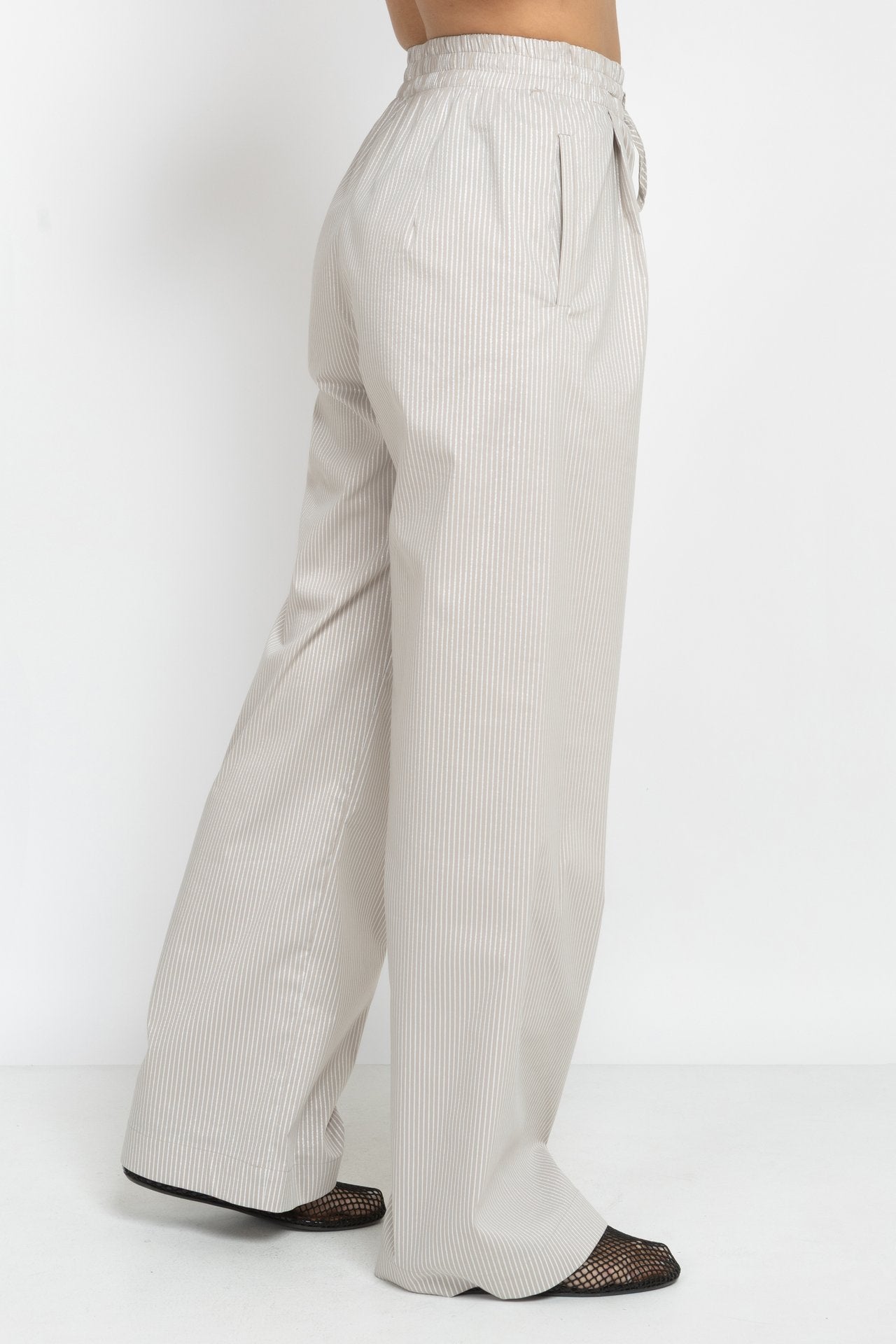 Striped Trousers with Silver Threads in Beige