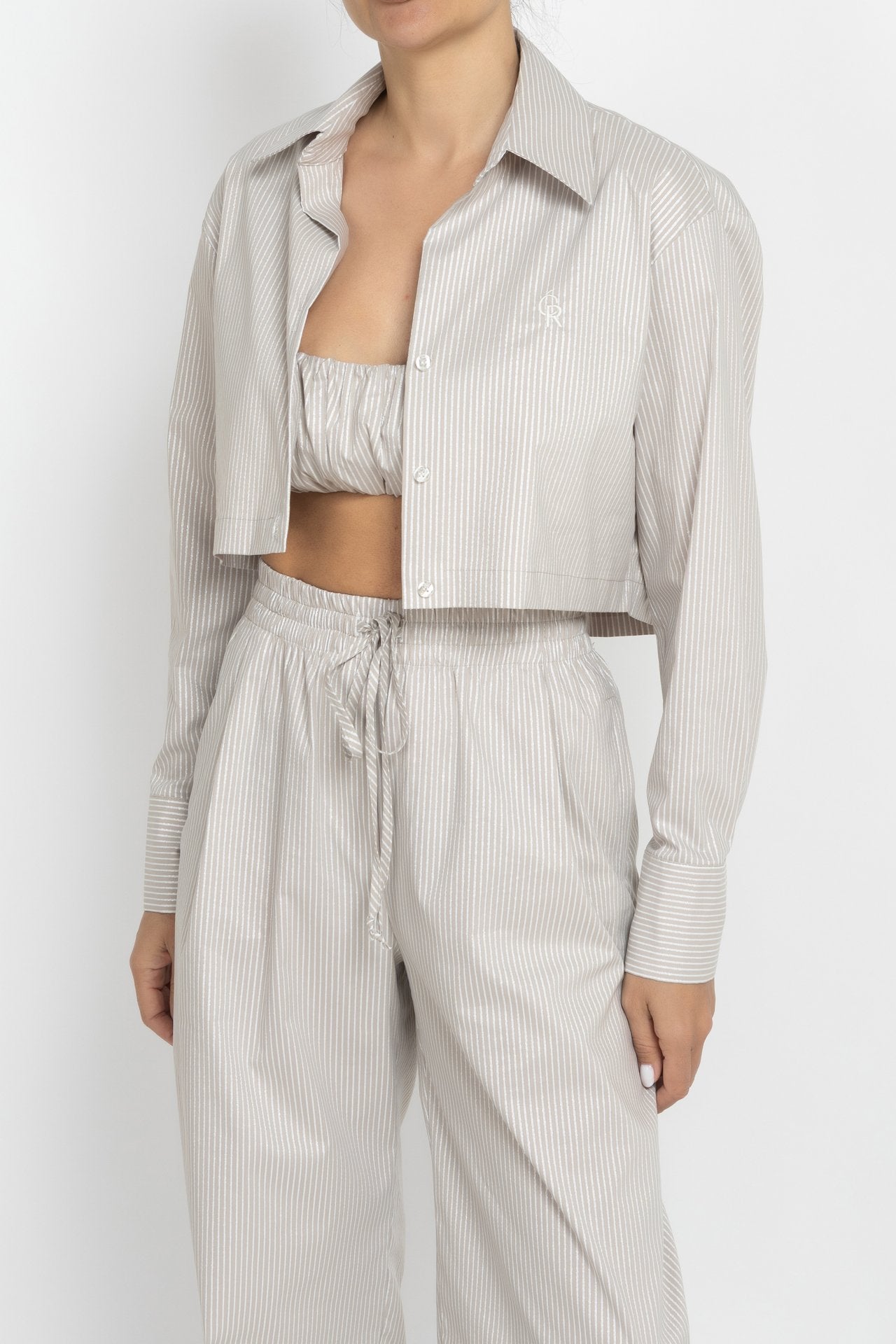 Cropped Striped Shirt with Silver Threads in Beige