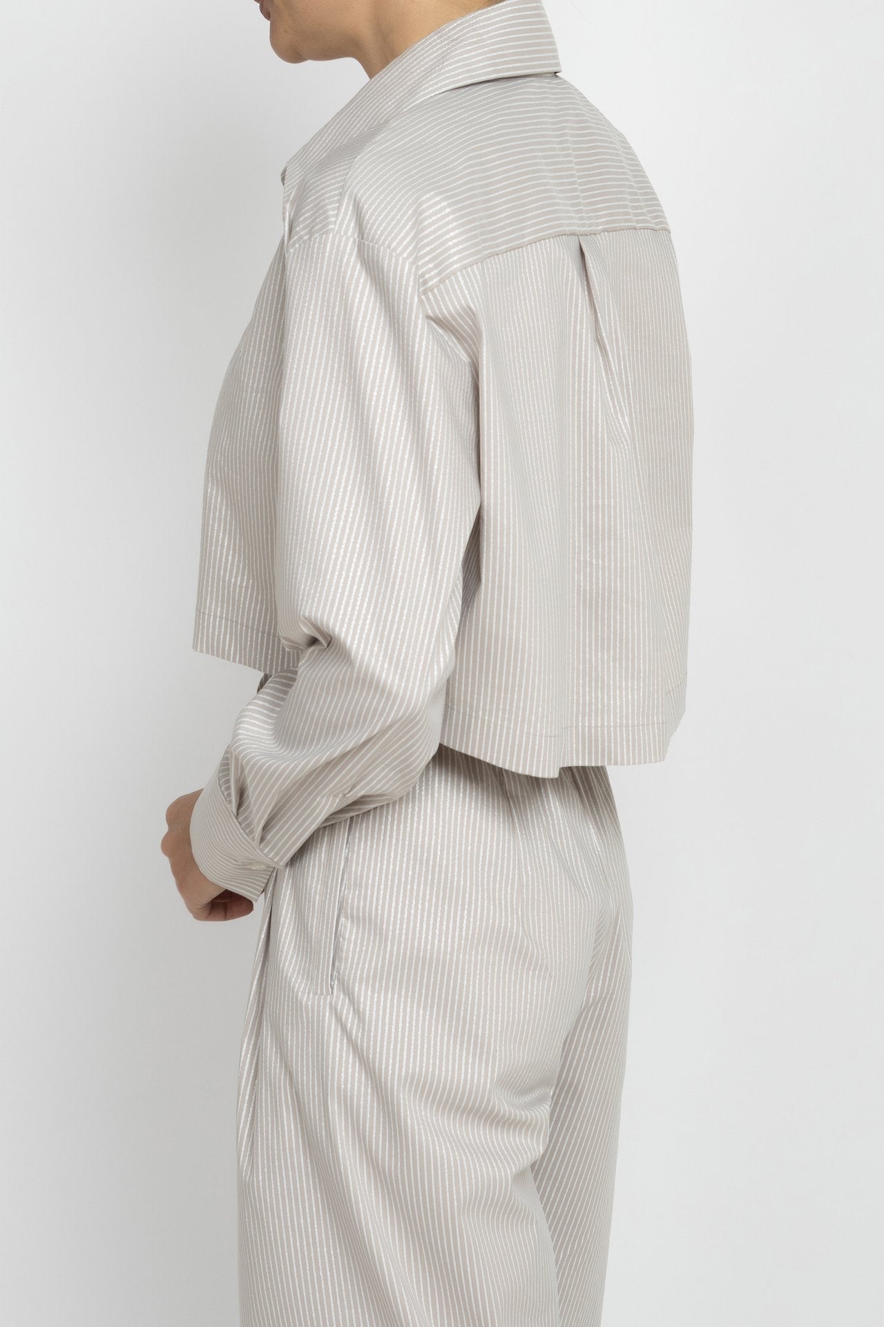 Cropped Striped Shirt with Silver Threads in Beige