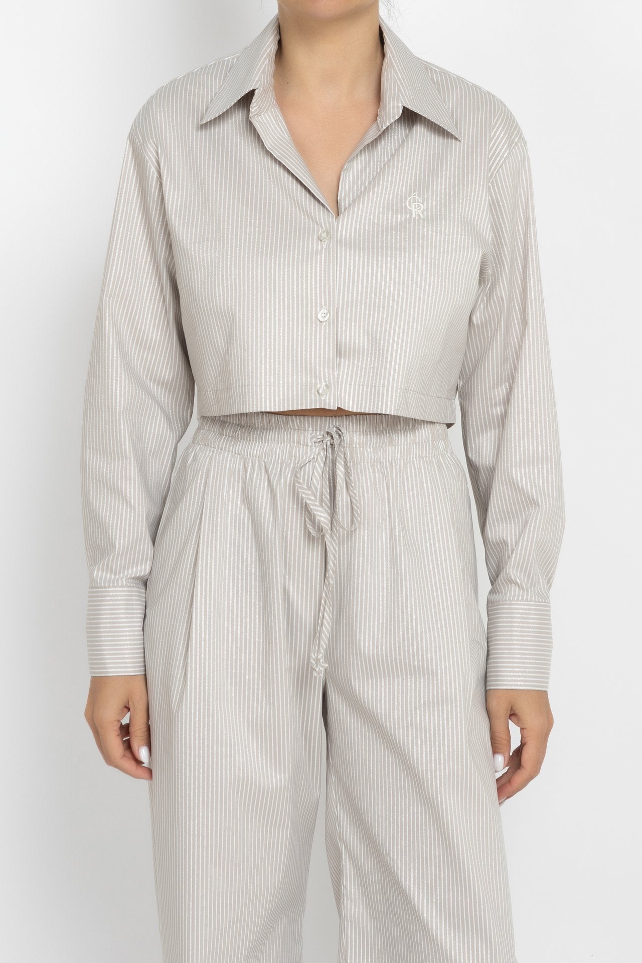 Cropped Striped Shirt with Silver Threads in Beige
