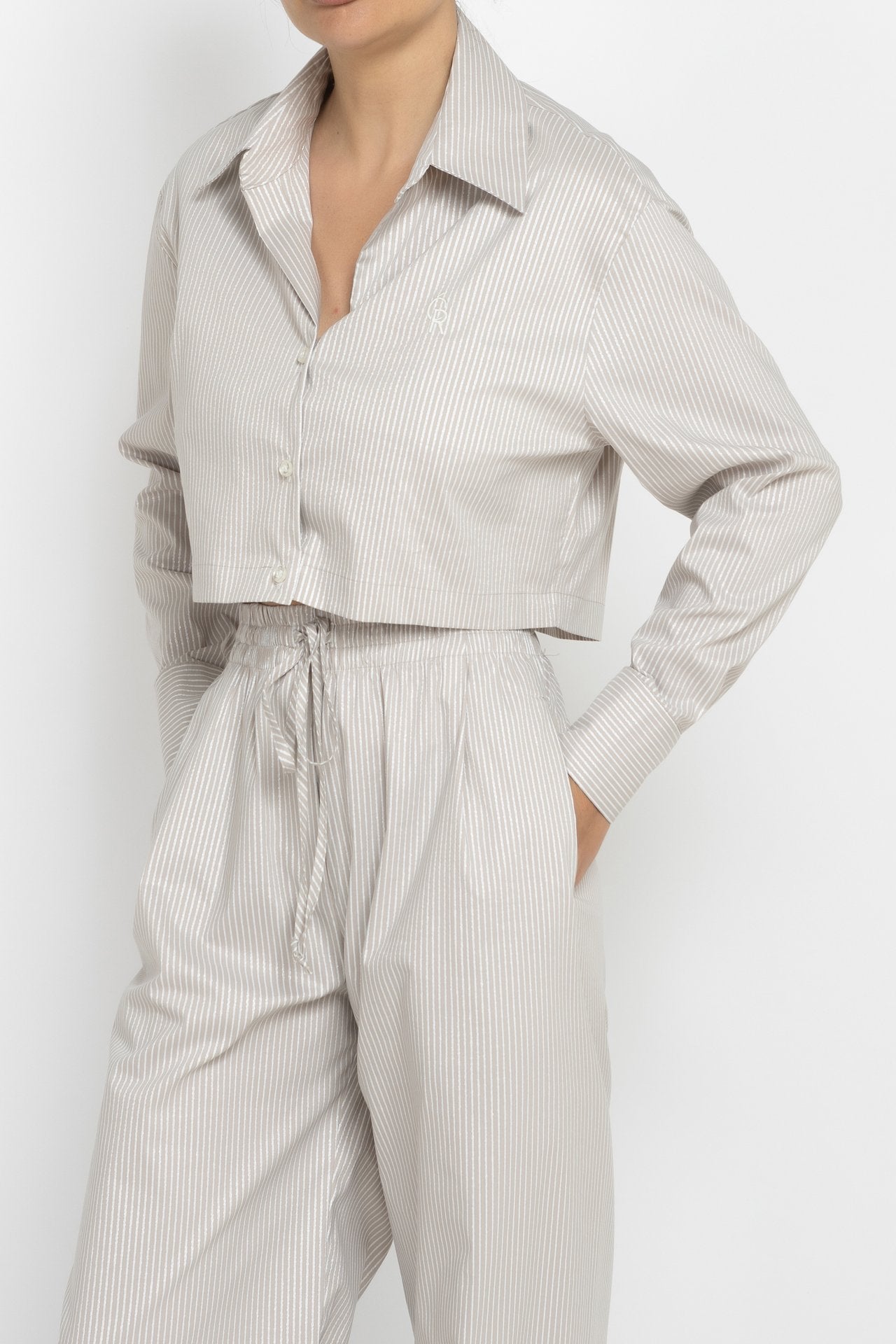 Cropped Striped Shirt with Silver Threads in Beige