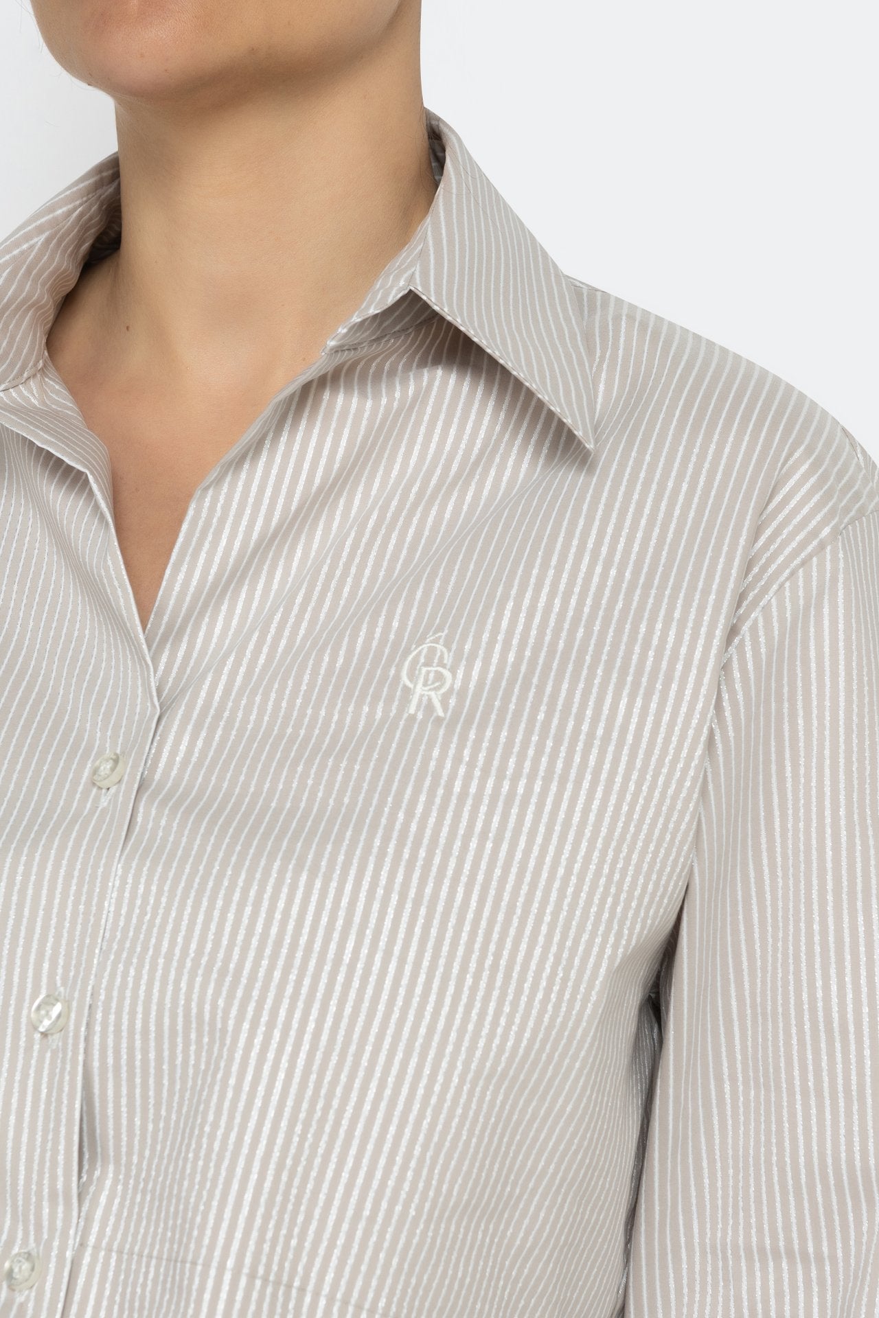 Cropped Striped Shirt with Silver Threads in Beige