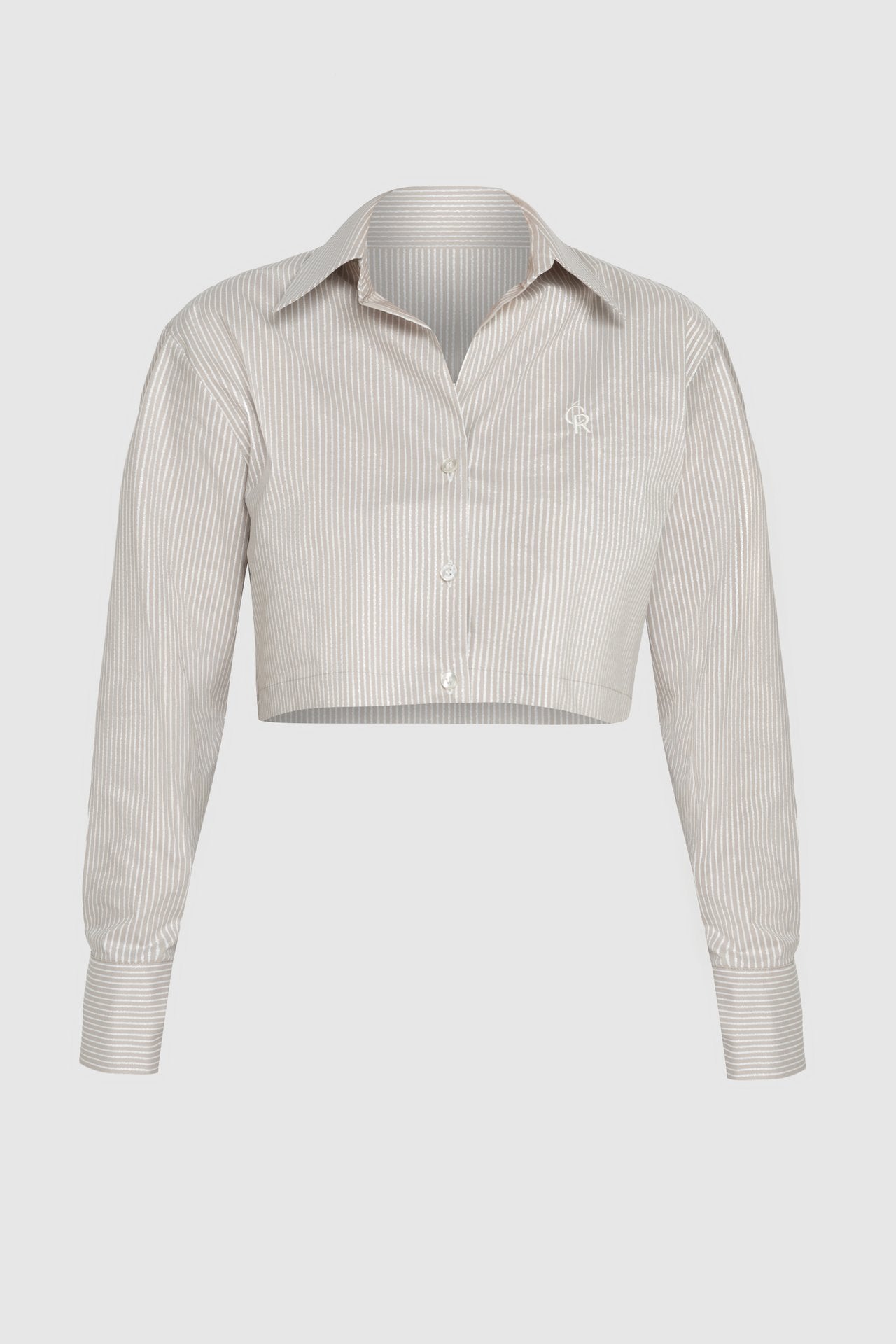 Cropped Striped Shirt with Silver Threads in Beige