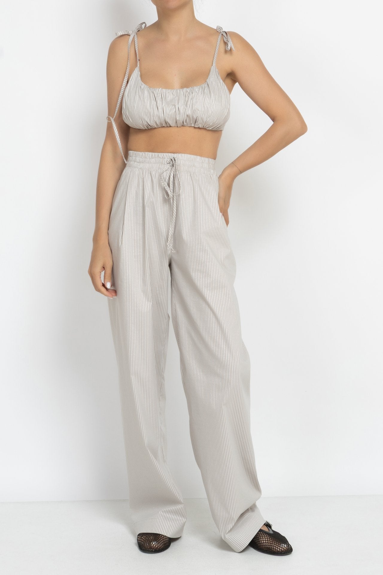 Ruched Striped Bustier Top in Beige