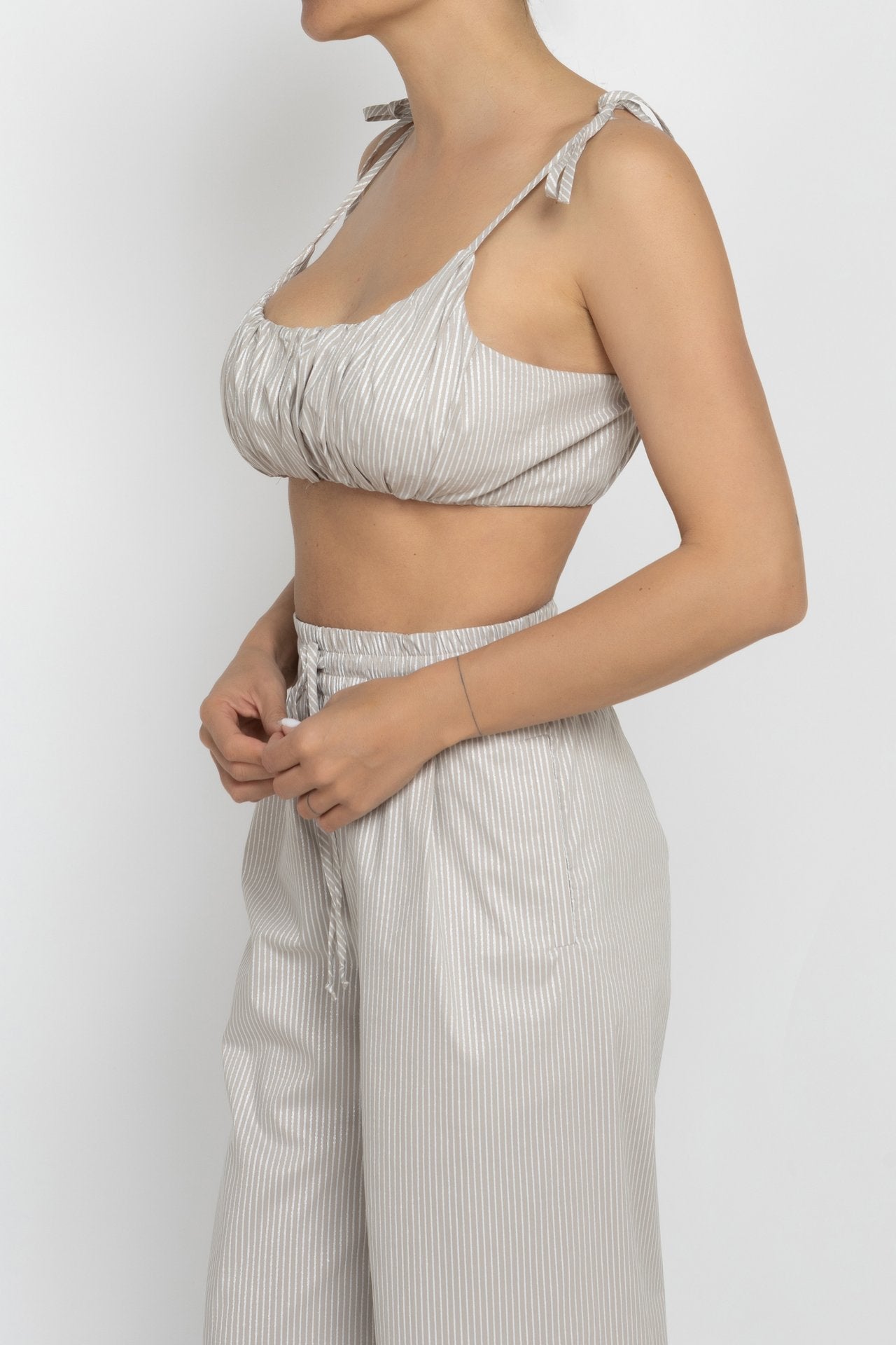 Ruched Striped Bustier Top in Beige
