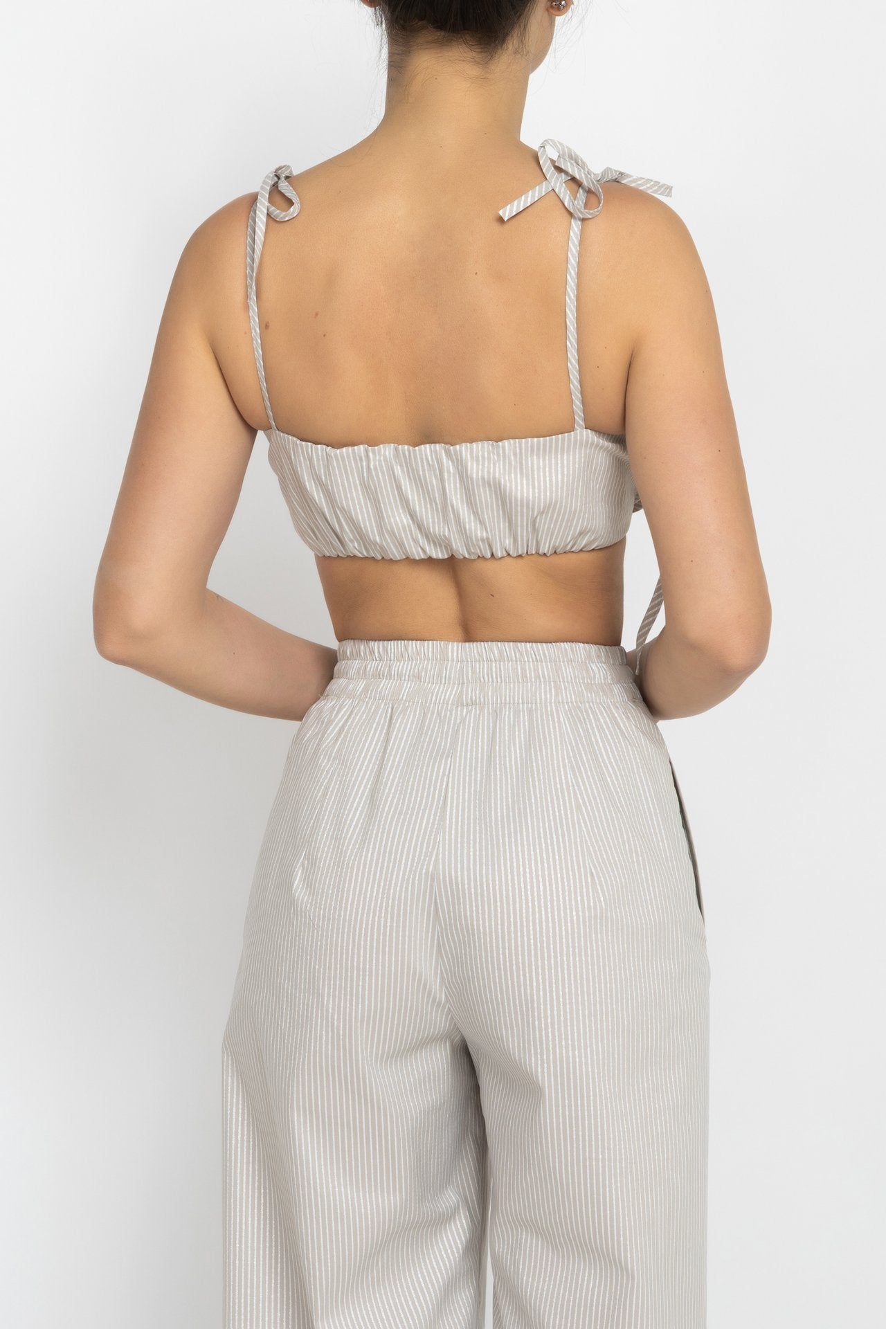 Ruched Striped Bustier Top in Beige