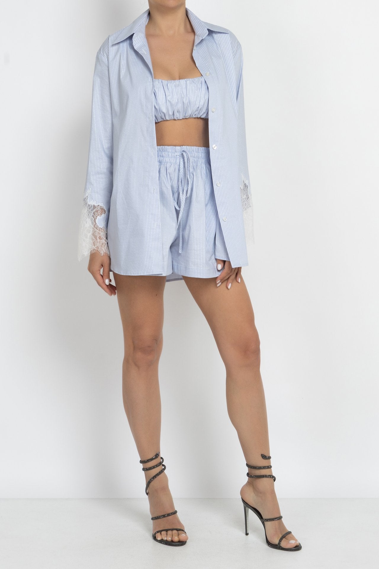 Light Blue Striped Bustier Top with Gathered Detail