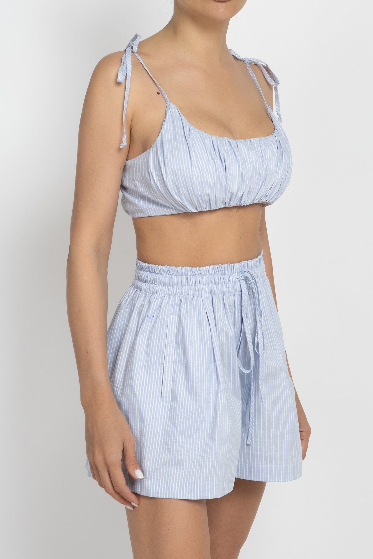 Light Blue Striped Bustier Top with Gathered Detail