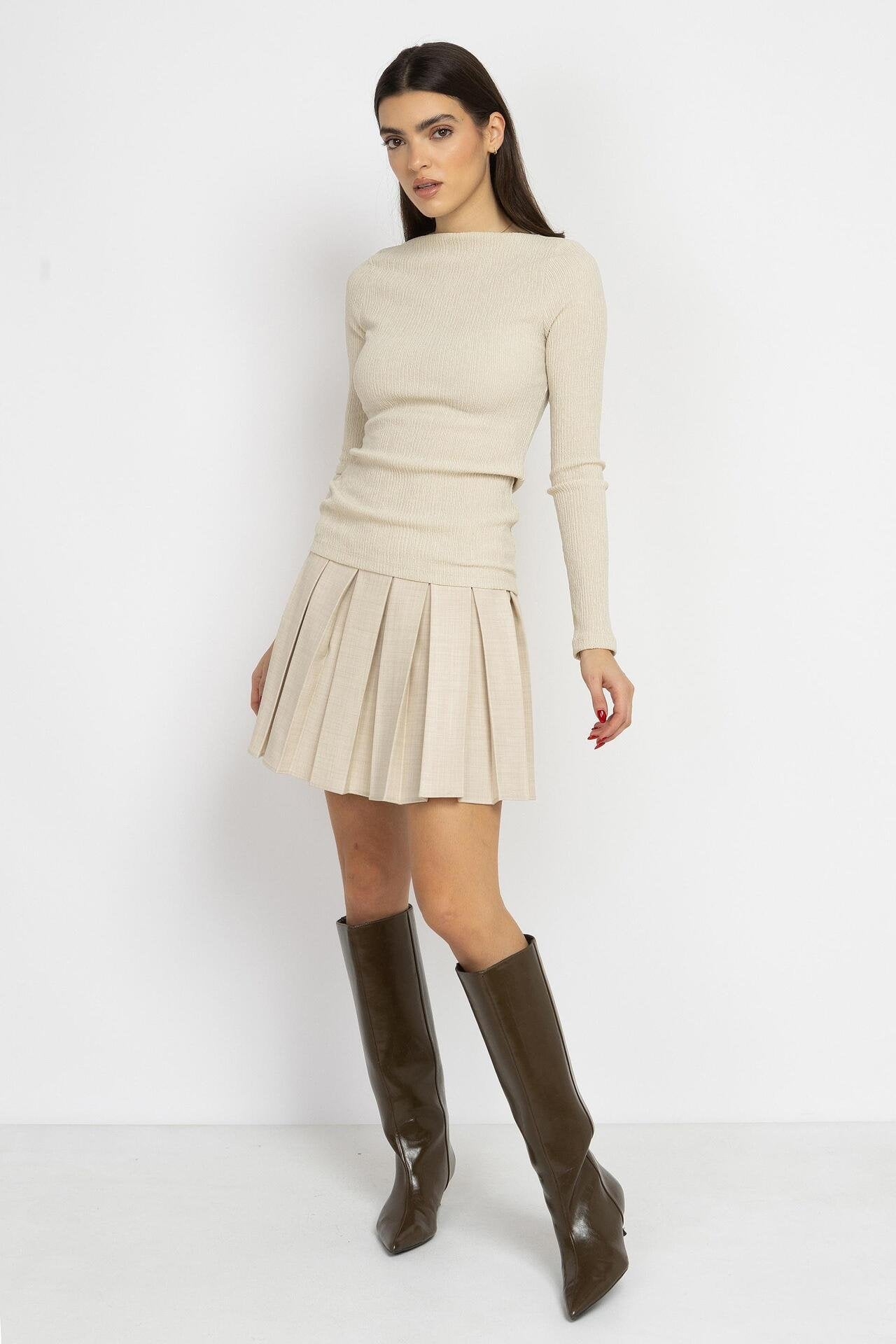 Boat Neck Ribbed Top – Ecru