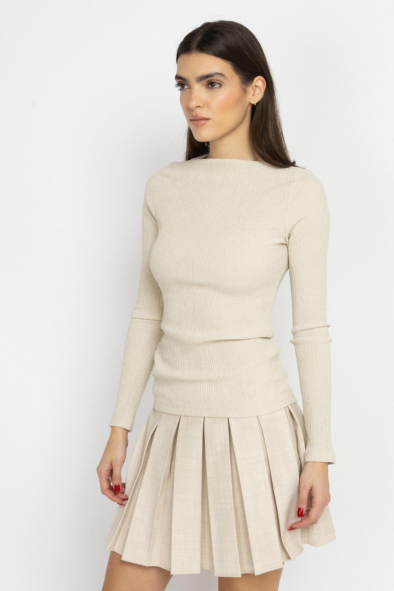 Boat Neck Ribbed Top – Ecru