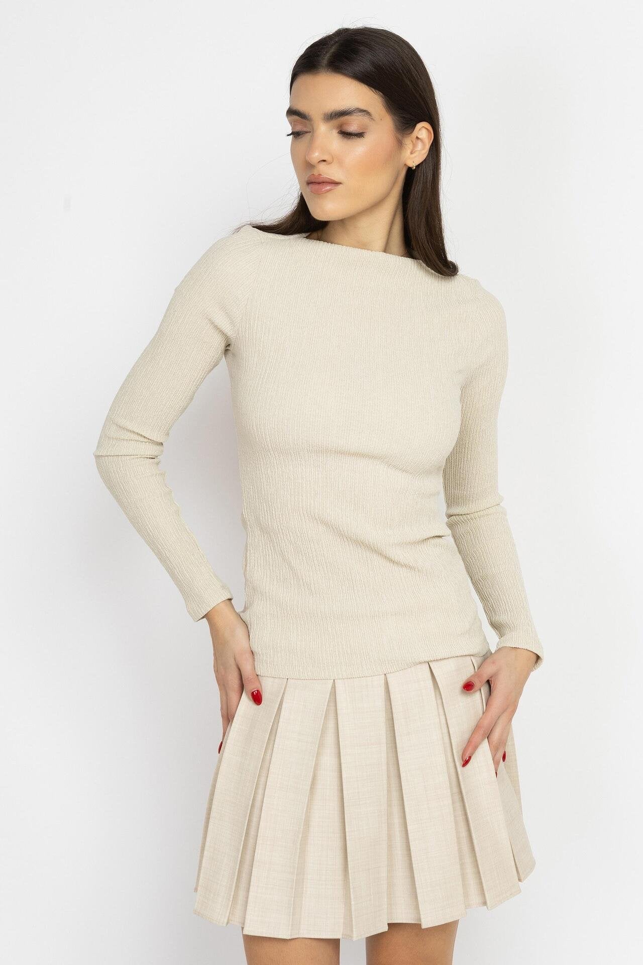 Boat Neck Ribbed Top – Ecru