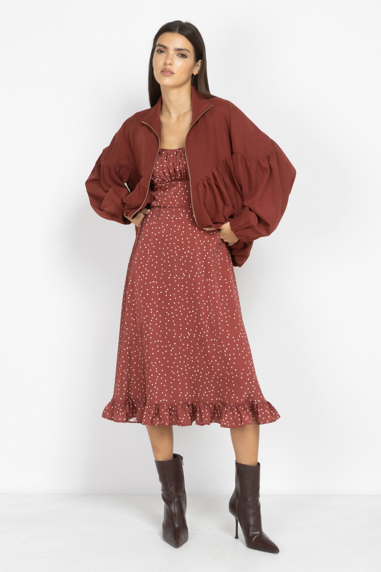 Bomber Jacket with Voluminous Sleeves and Gathered Details in Terracotta