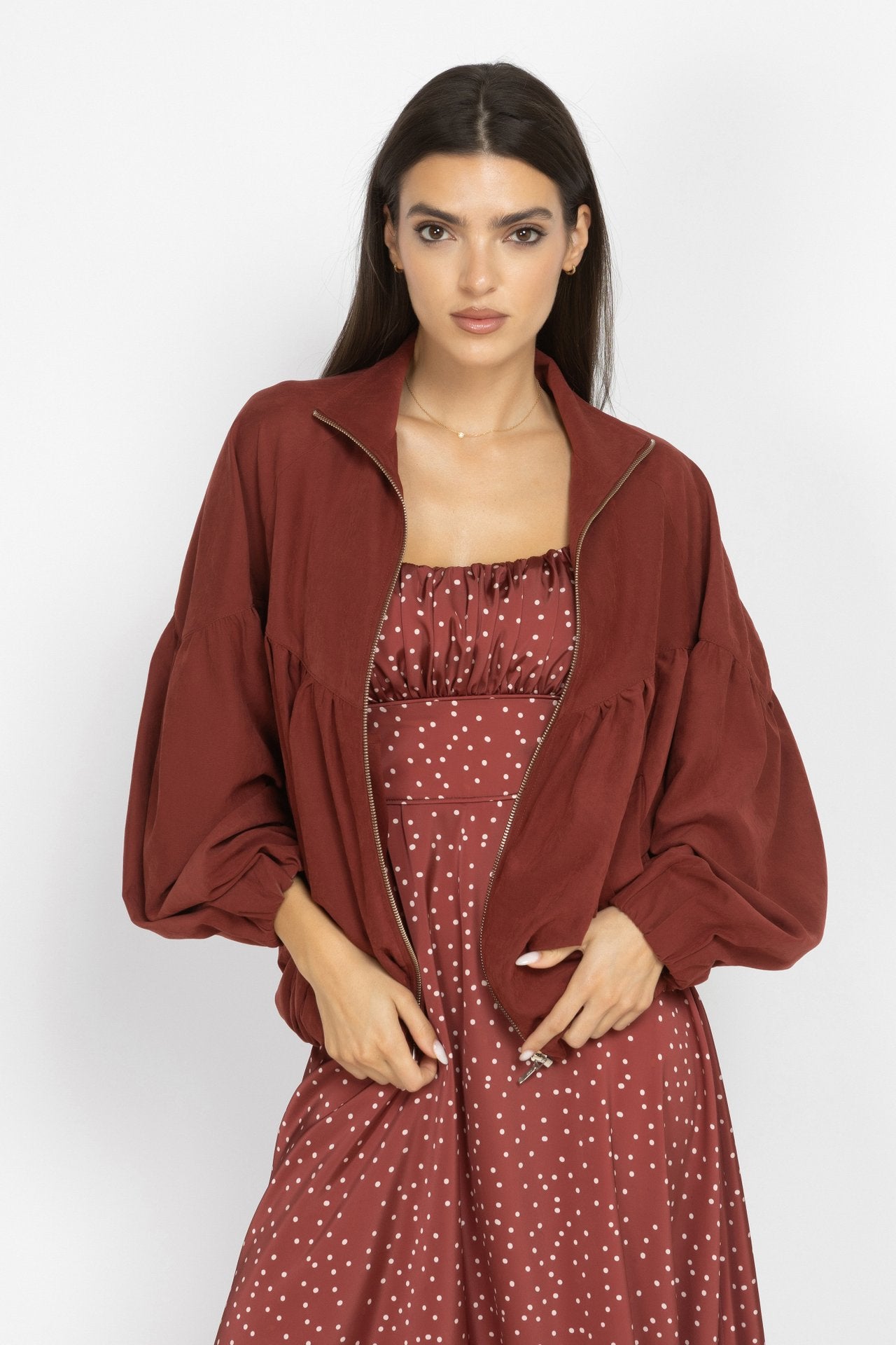 Bomber Jacket with Voluminous Sleeves and Gathered Details in Terracotta