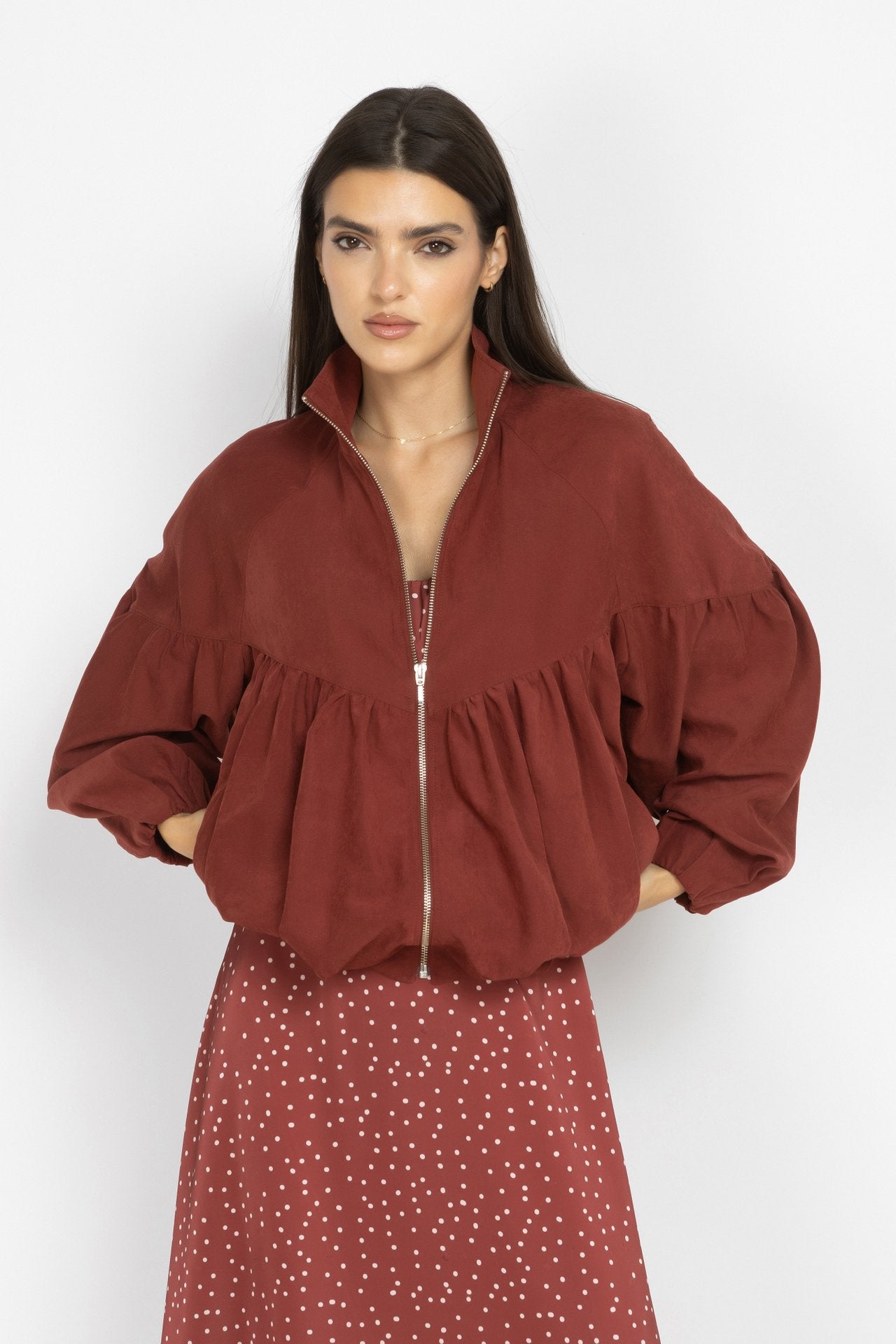 Bomber Jacket with Voluminous Sleeves and Gathered Details in Terracotta