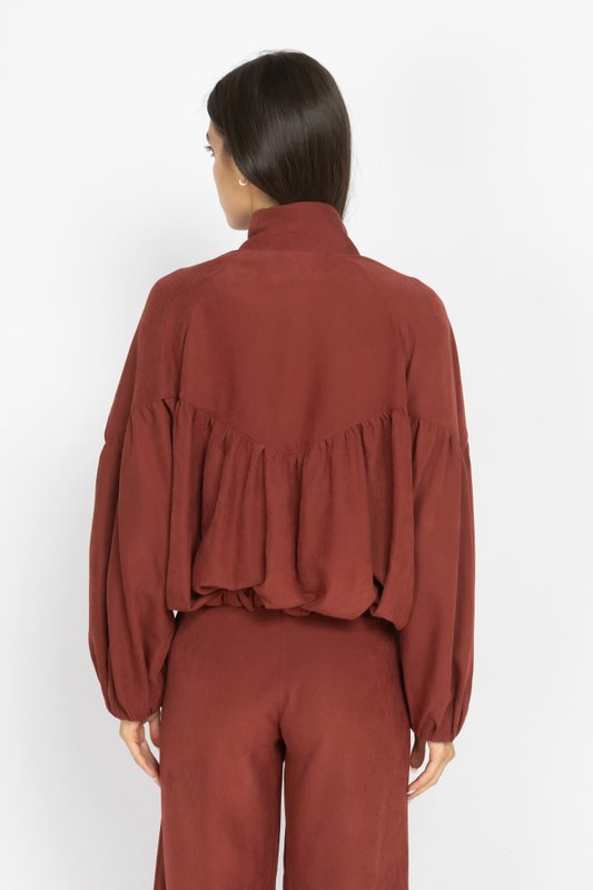 Bomber Jacket with Voluminous Sleeves and Gathered Details in Terracotta