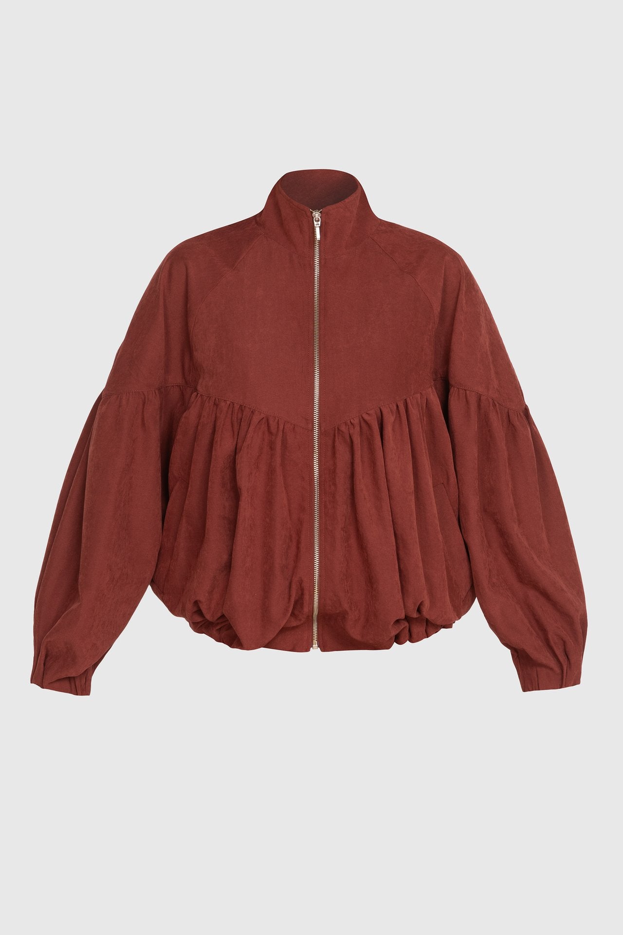 Bomber Jacket with Voluminous Sleeves and Gathered Details in Terracotta