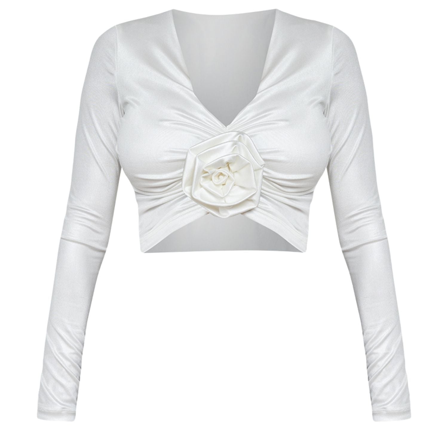 V-neck Rose Appliqué Top in white