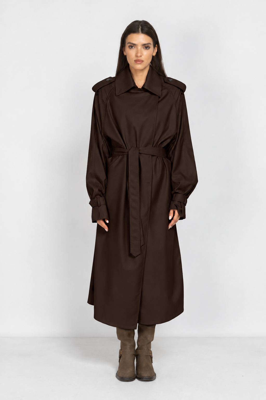 Brown Long Trench Coat with Voluminous Sleeves
