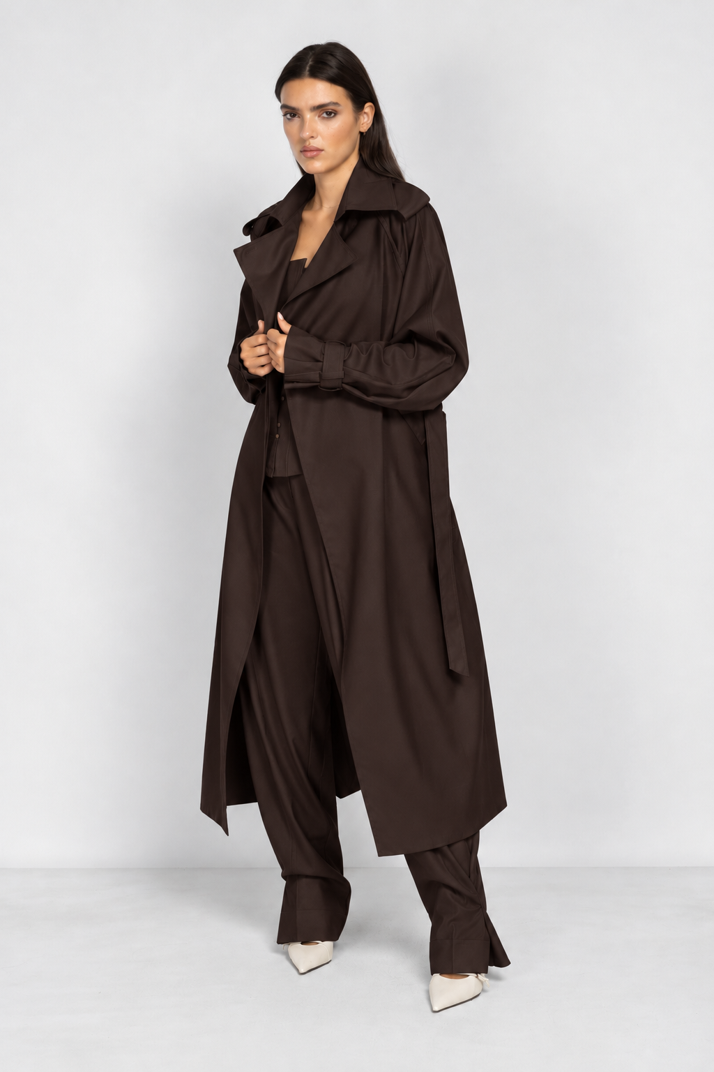 Brown Long Trench Coat with Voluminous Sleeves