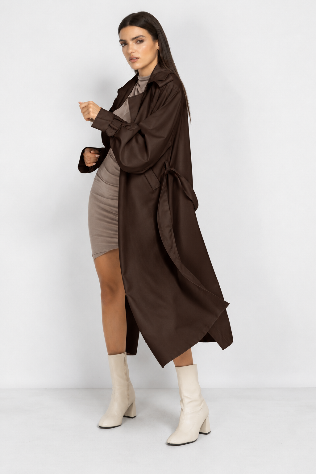 Brown Long Trench Coat with Voluminous Sleeves