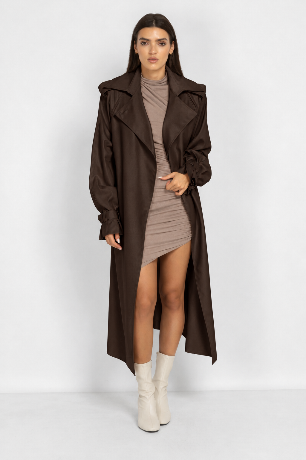 Brown Long Trench Coat with Voluminous Sleeves