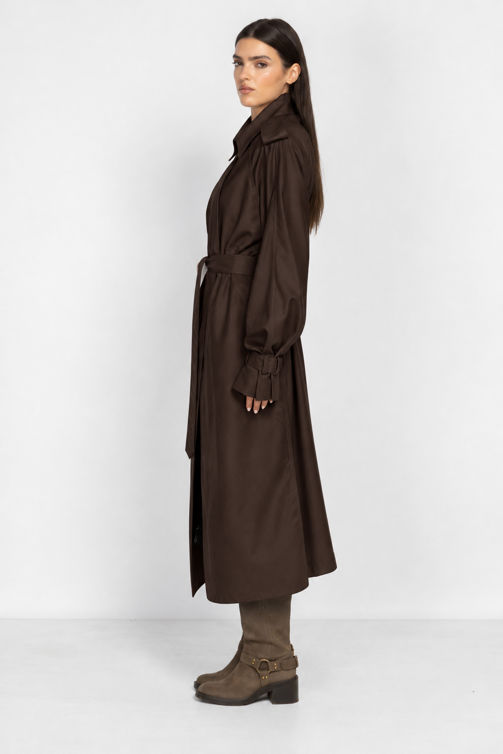 Brown Long Trench Coat with Voluminous Sleeves
