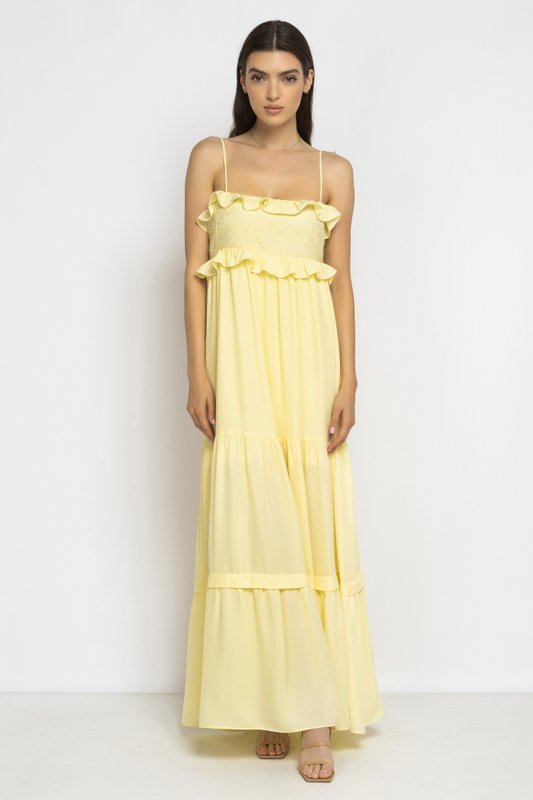 Light Yellow Boho Maxi Dress with Lace and Ruffles
