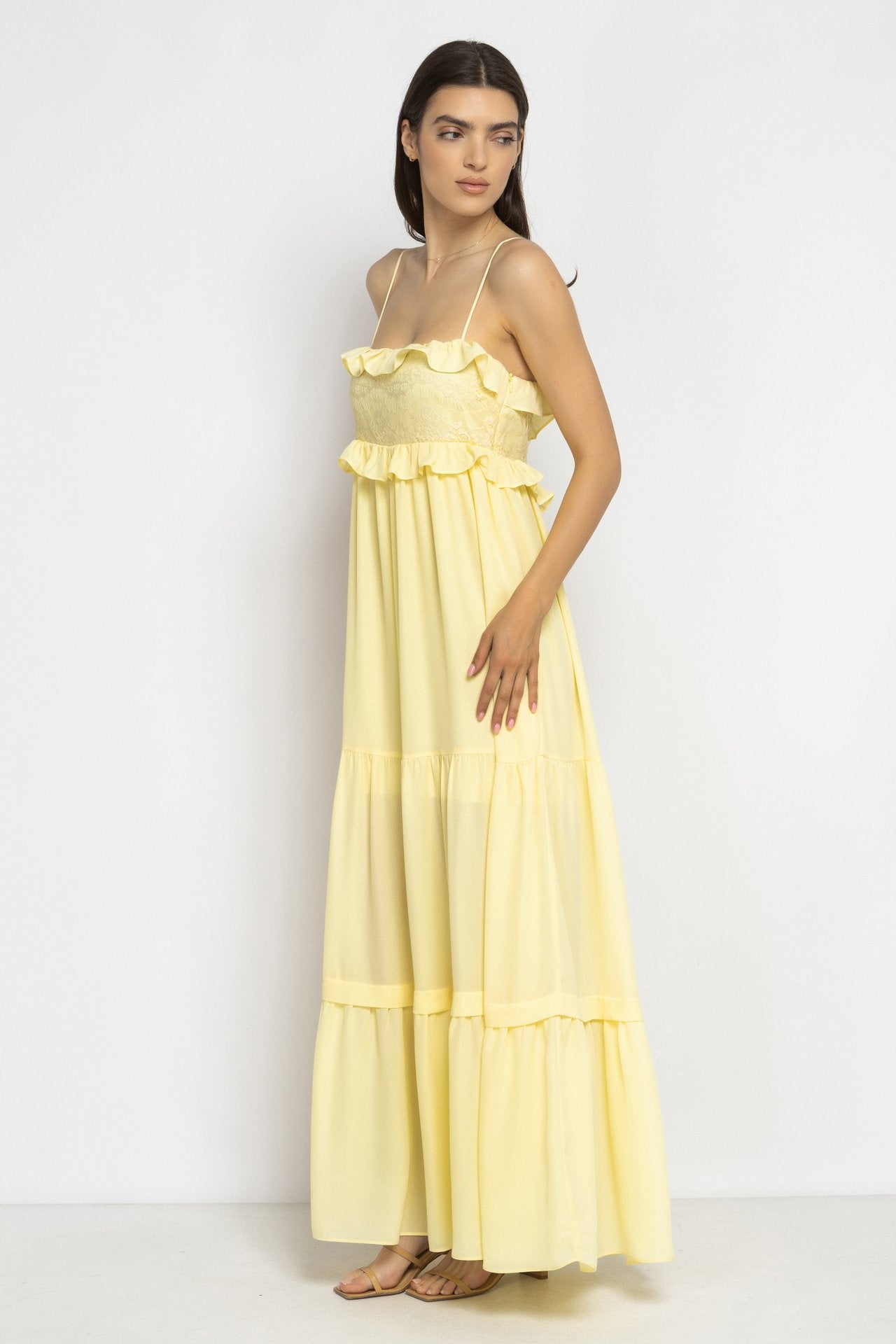 Light Yellow Boho Maxi Dress with Lace and Ruffles