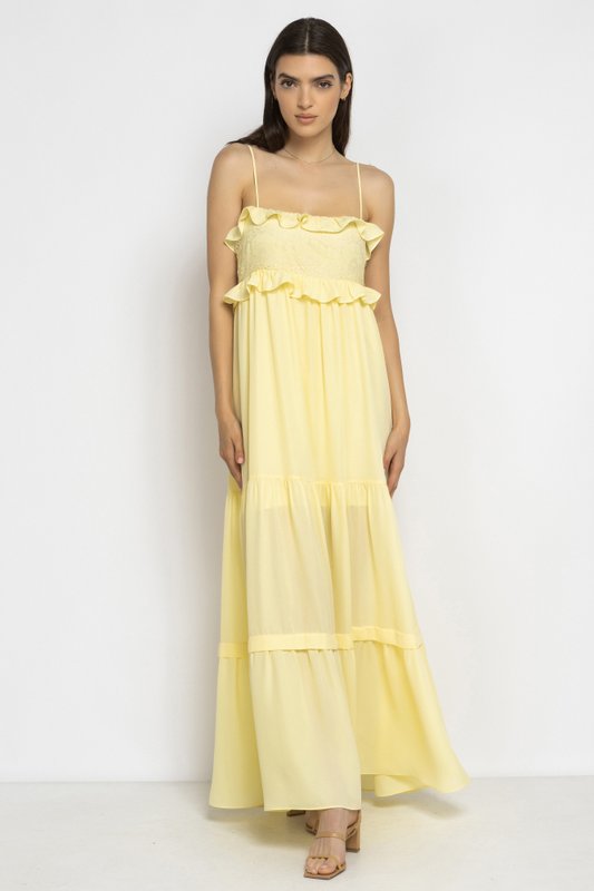 Light Yellow Boho Maxi Dress with Lace and Ruffles