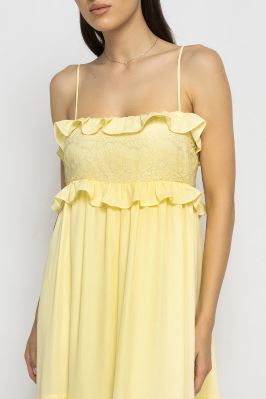 Light Yellow Boho Maxi Dress with Lace and Ruffles