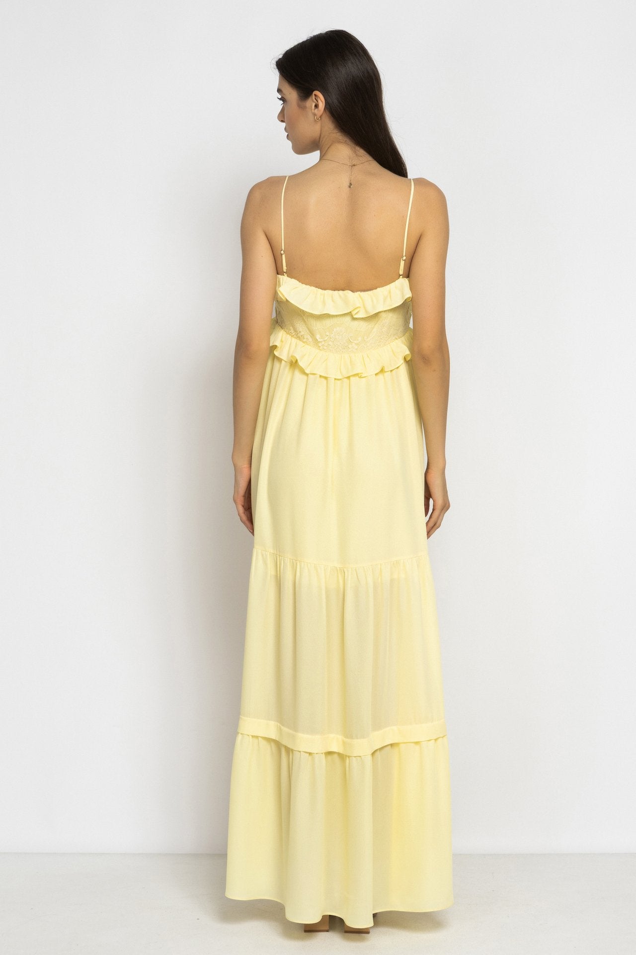 Light Yellow Boho Maxi Dress with Lace and Ruffles