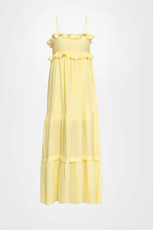 Light Yellow Boho Maxi Dress with Lace and Ruffles