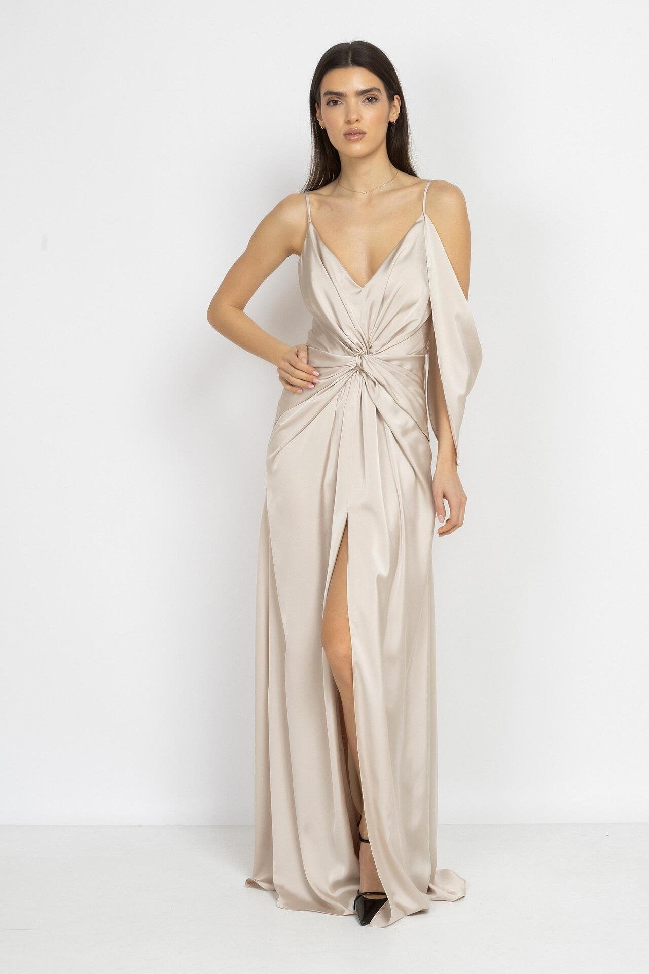 Satin Twist Maxi Dress in Champagne